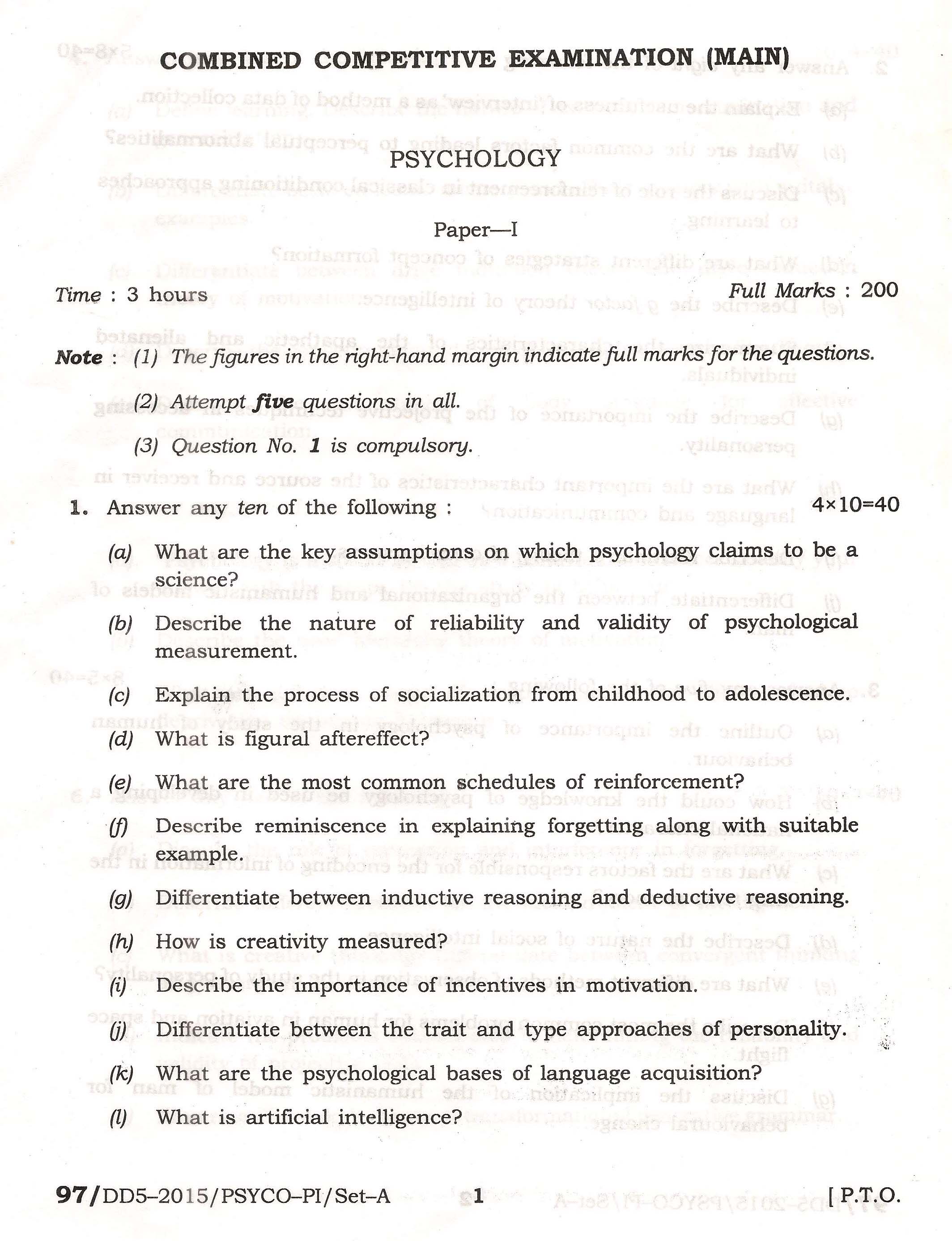 APPSC Combined Competitive Main Exam 2015 Psychology Paper I 1