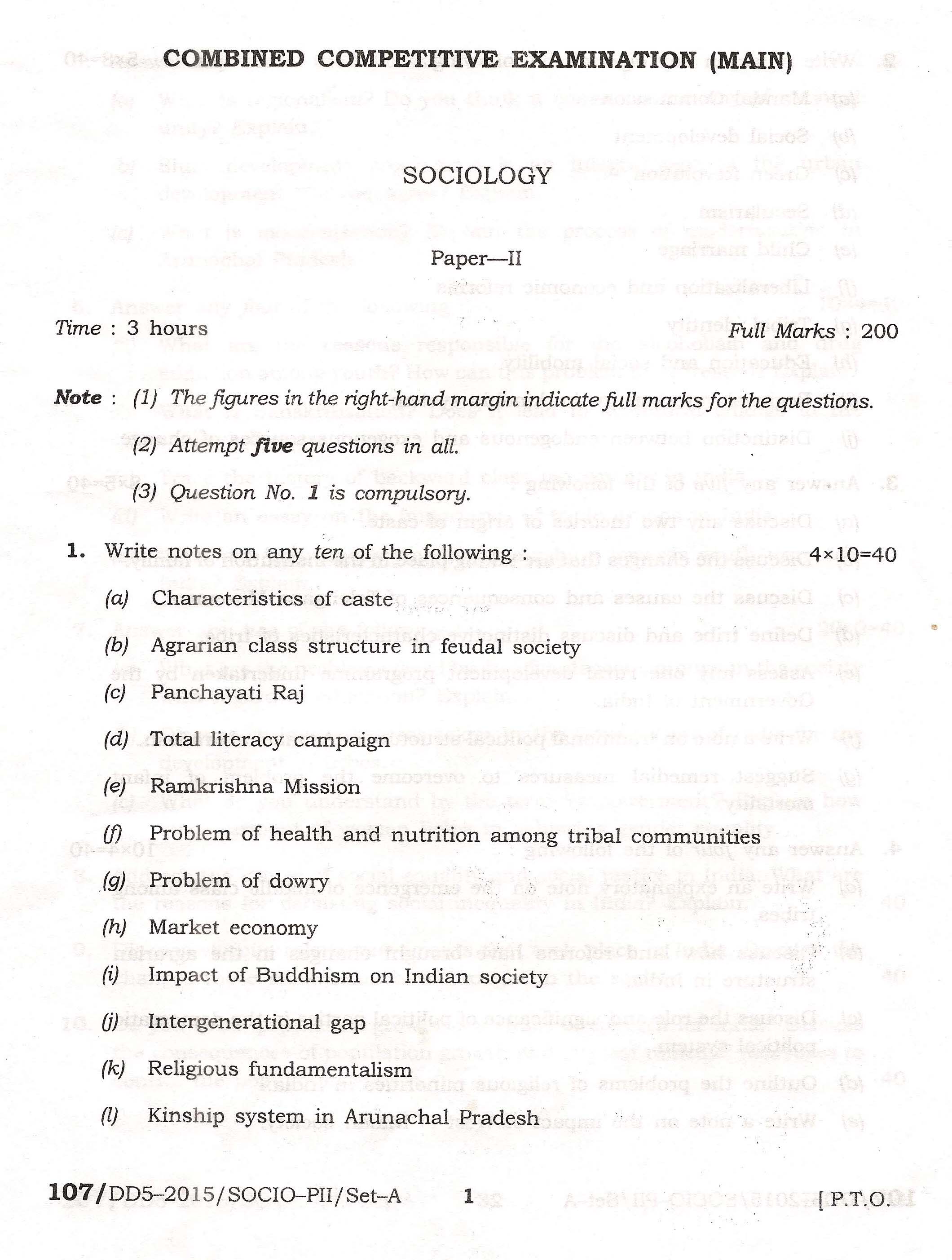 APPSC Combined Competitive Main Exam 2015 Sociology Paper II 1