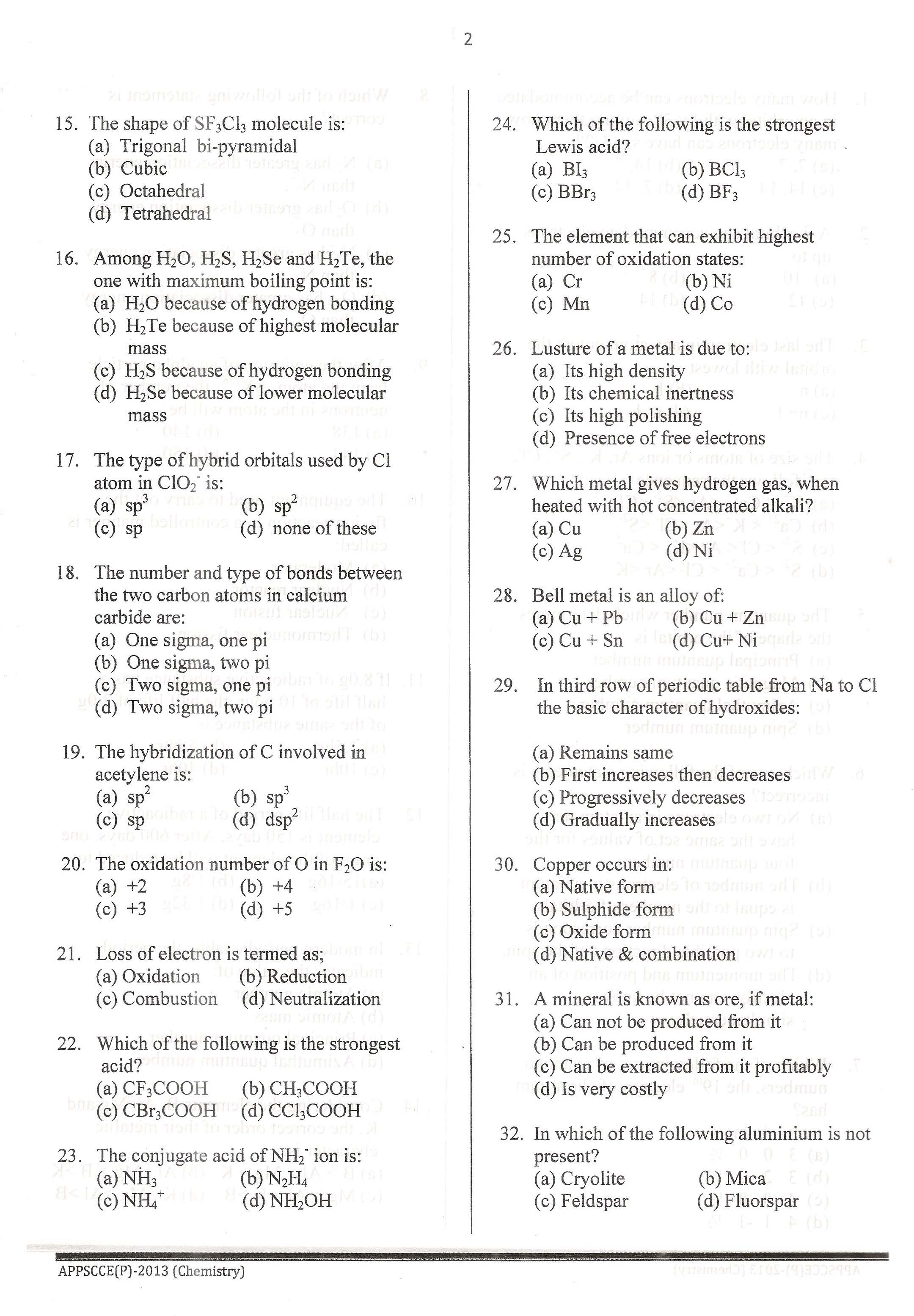 APPSC Combined Competitive Prelims Exam 2013 Chemistry 3