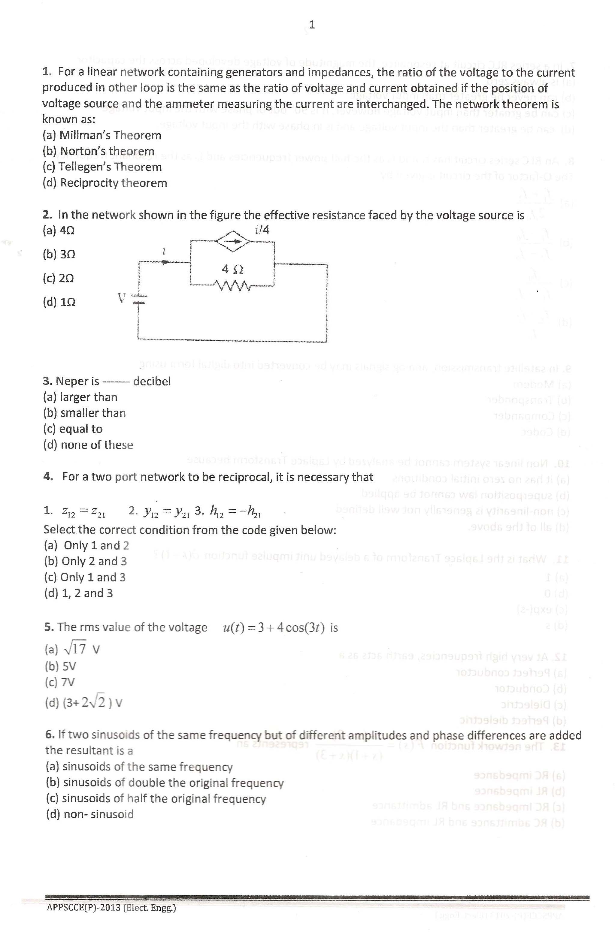 APPSC Combined Competitive Prelims Exam 2013 Electrical Engineering 2