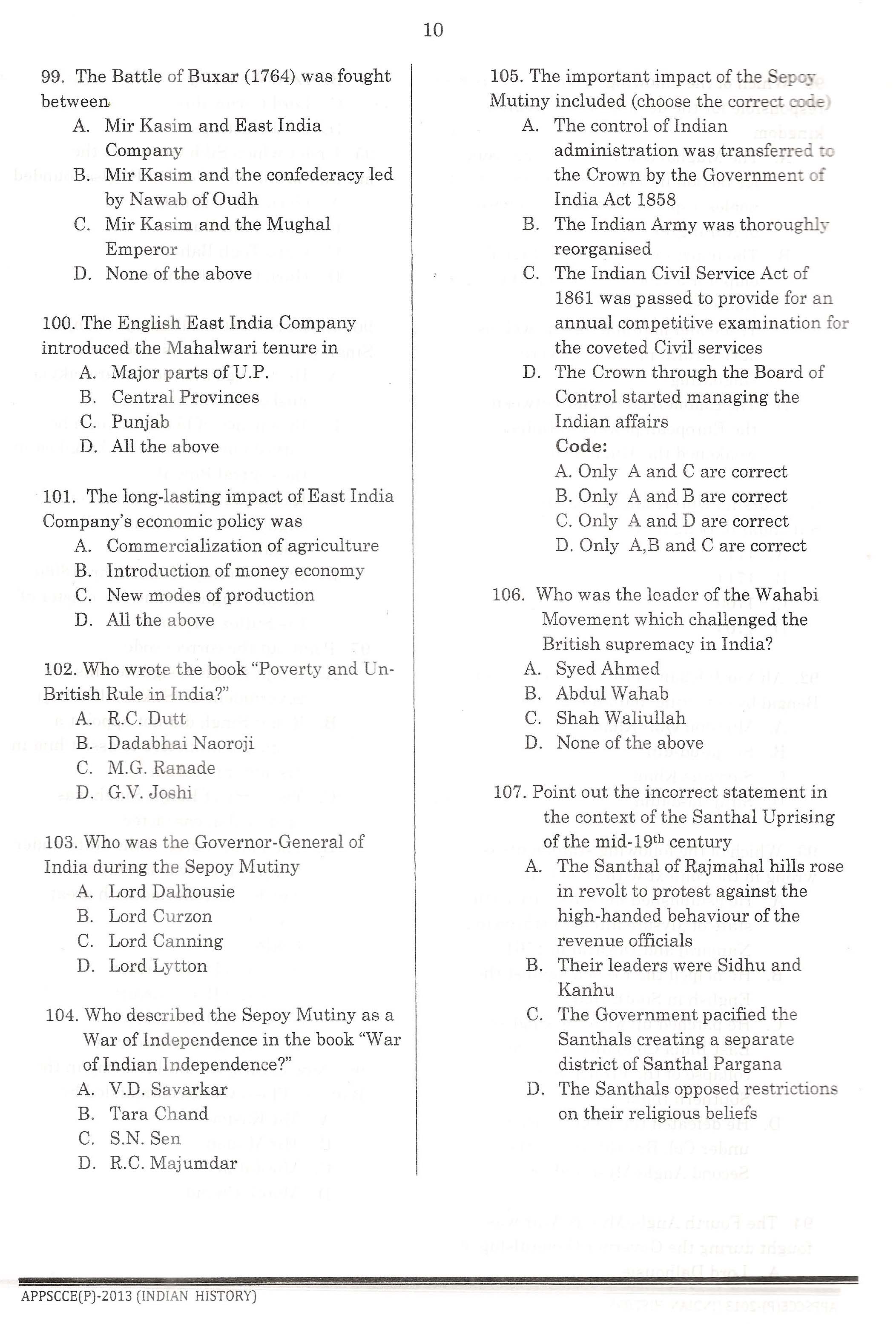 APPSC Combined Competitive Prelims Exam 2013 Indian History 11