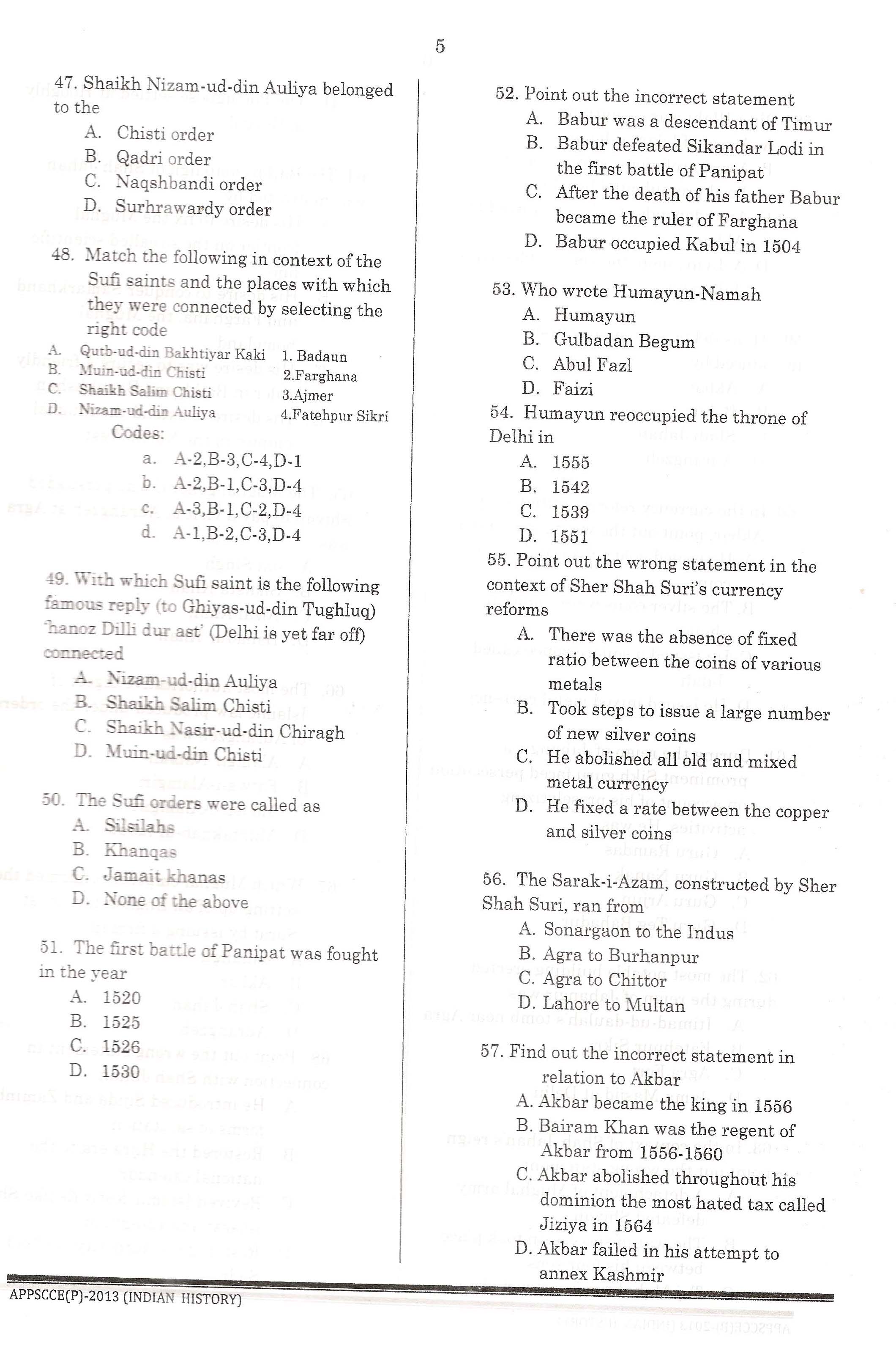 APPSC Combined Competitive Prelims Exam 2013 Indian History 6
