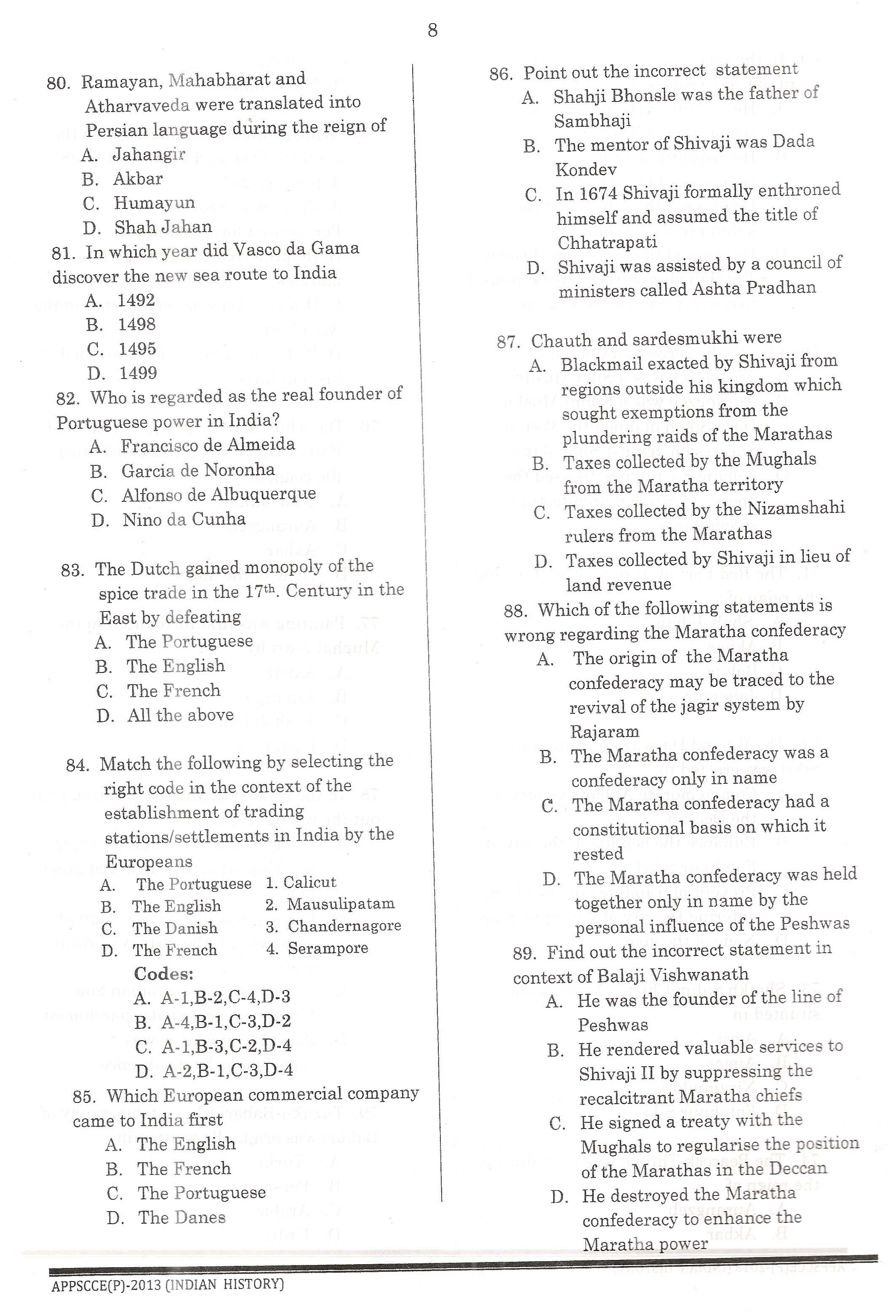 APPSC Combined Competitive Prelims Exam 2013 Indian History 9