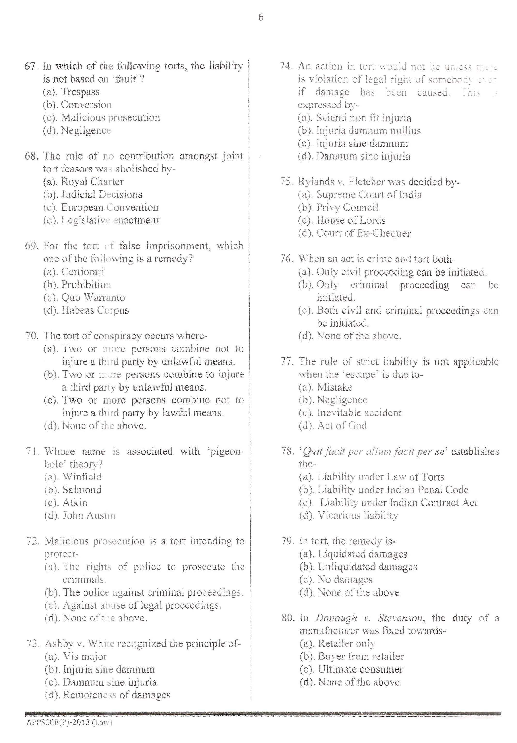 APPSC Combined Competitive Prelims Exam 2013 Law 7