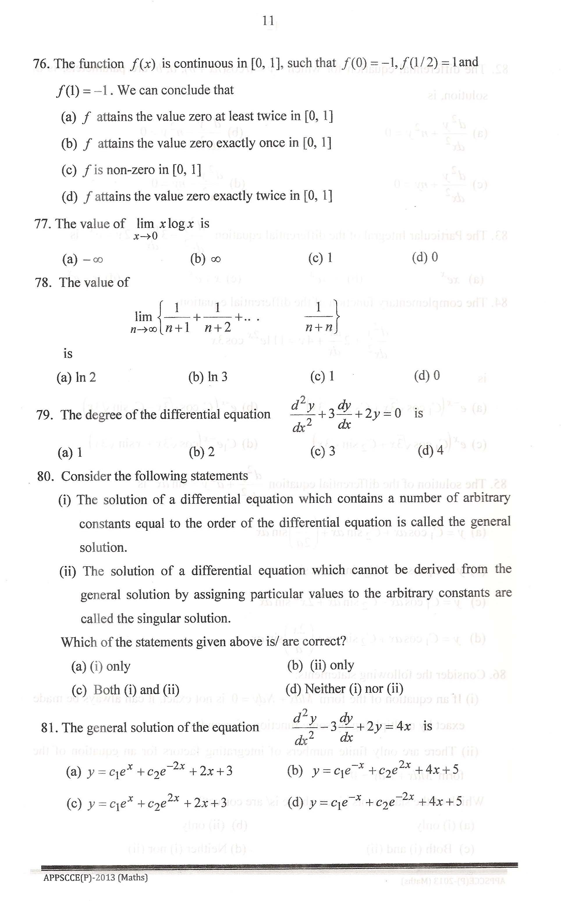 APPSC Combined Competitive Prelims Exam 2013 Mathematics 12