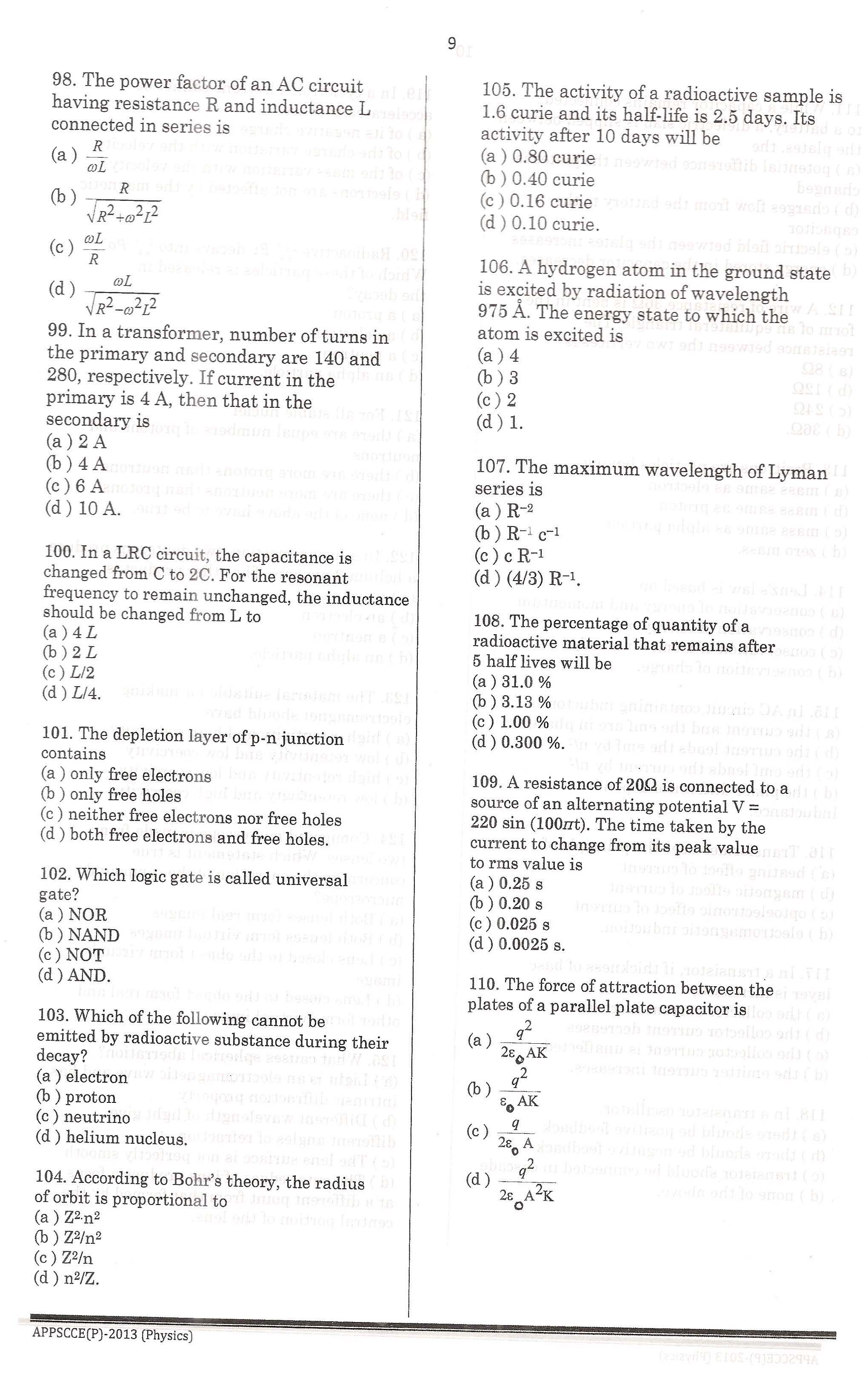 APPSC Combined Competitive Prelims Exam 2013 Physics 10