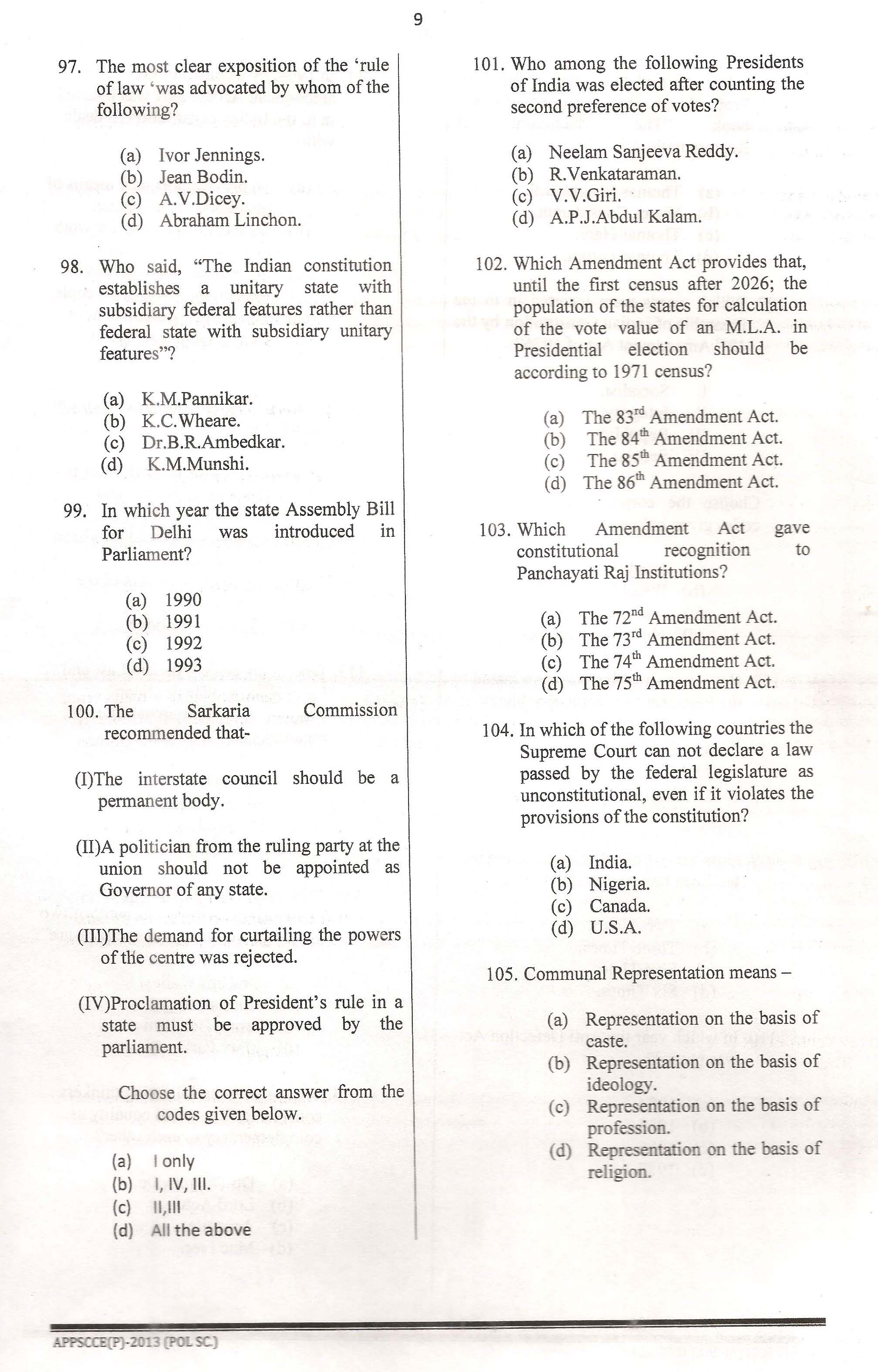 APPSC Combined Competitive Prelims Exam 2013 Political Science 10