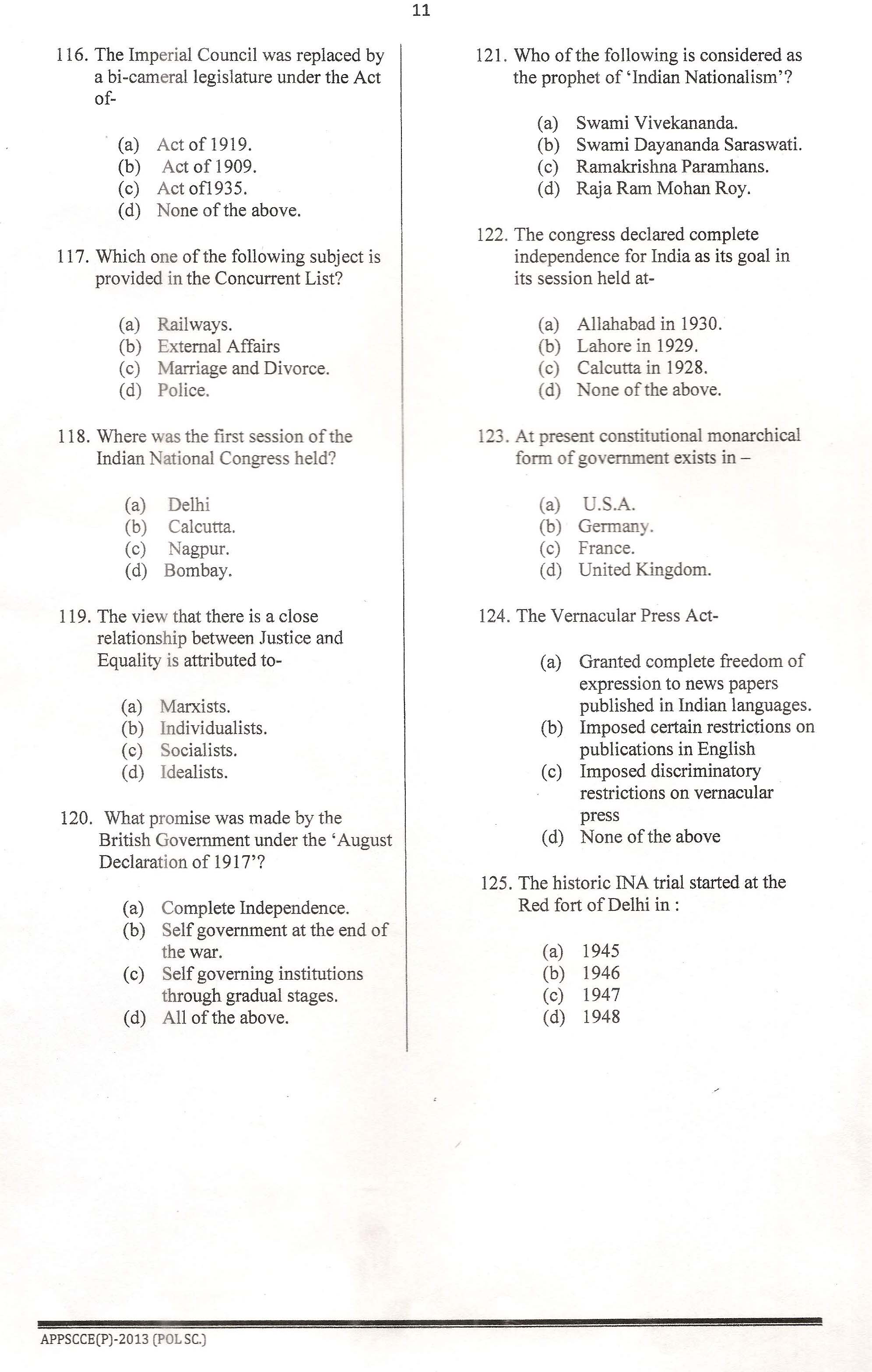 APPSC Combined Competitive Prelims Exam 2013 Political Science 12