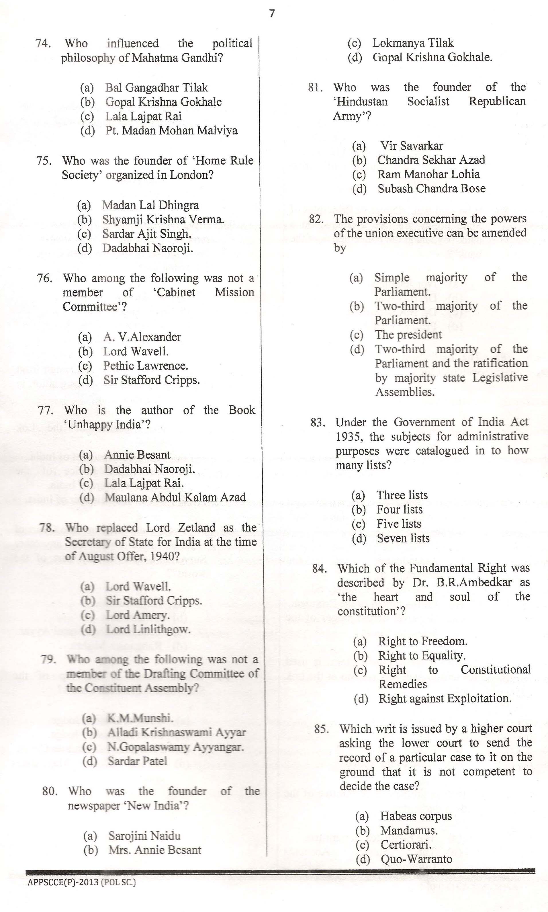 APPSC Combined Competitive Prelims Exam 2013 Political Science 8