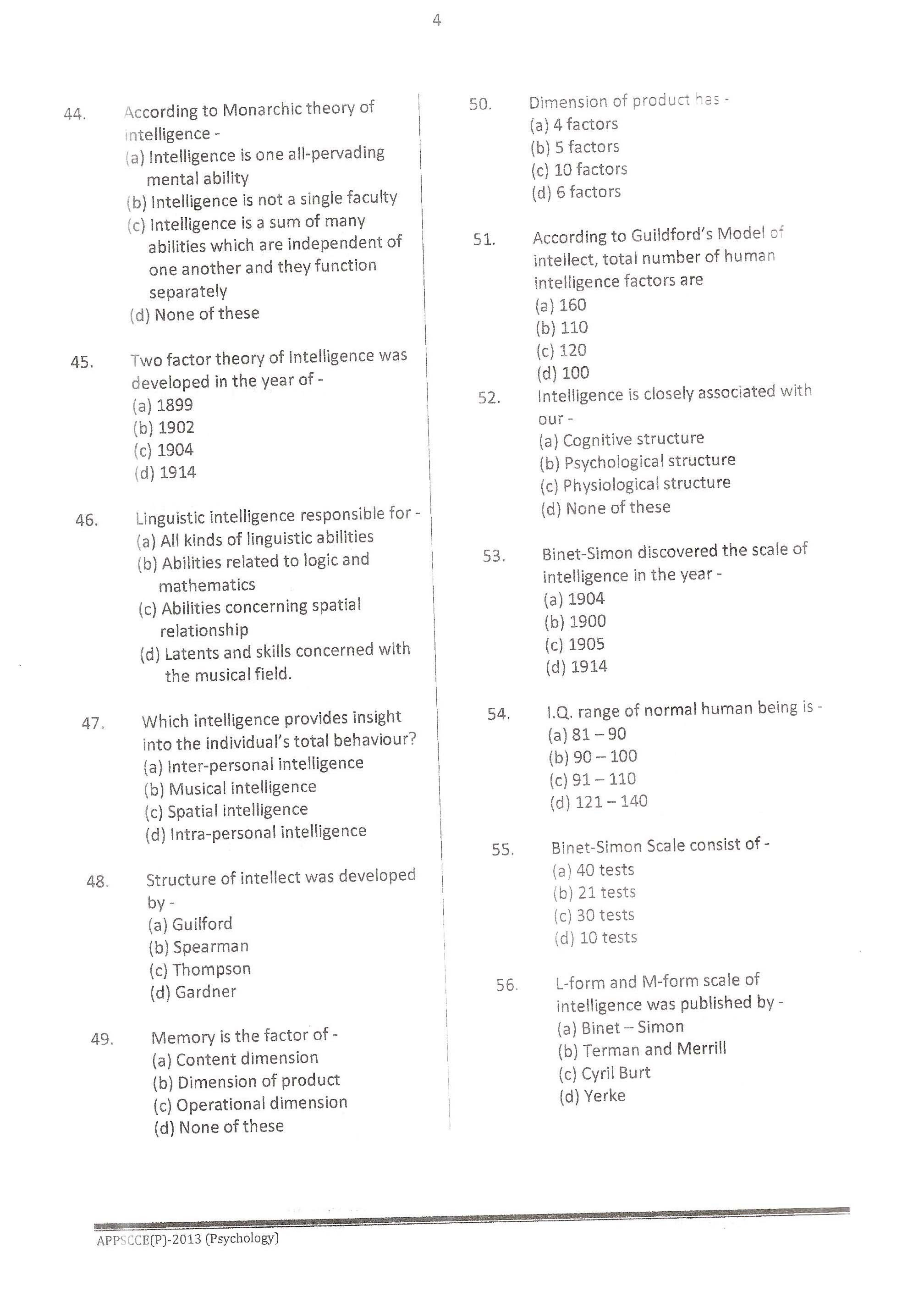 APPSC Combined Competitive Prelims Exam 2013 Psychology 5