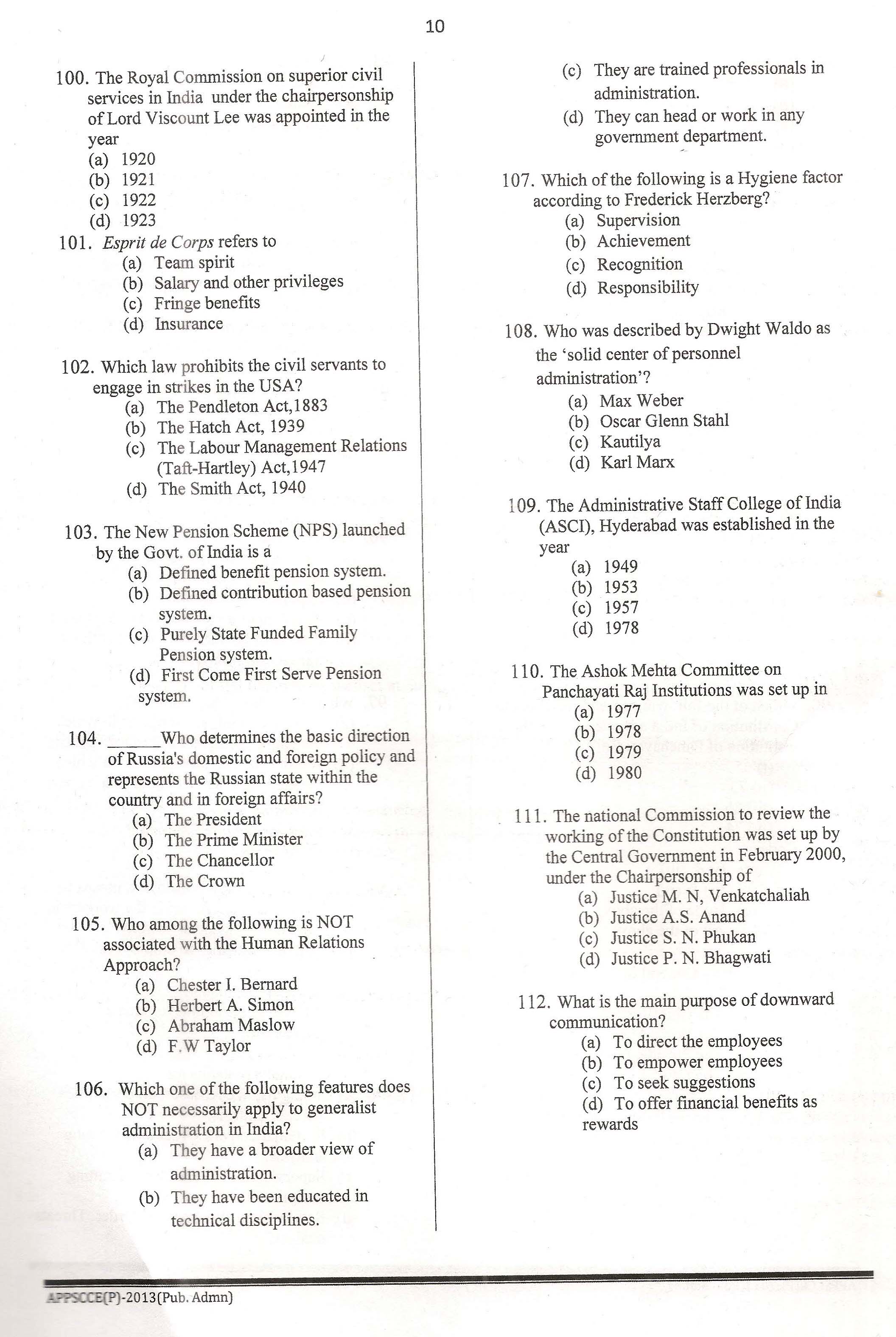 APPSC Combined Competitive Prelims Exam 2013 Public Administration 11