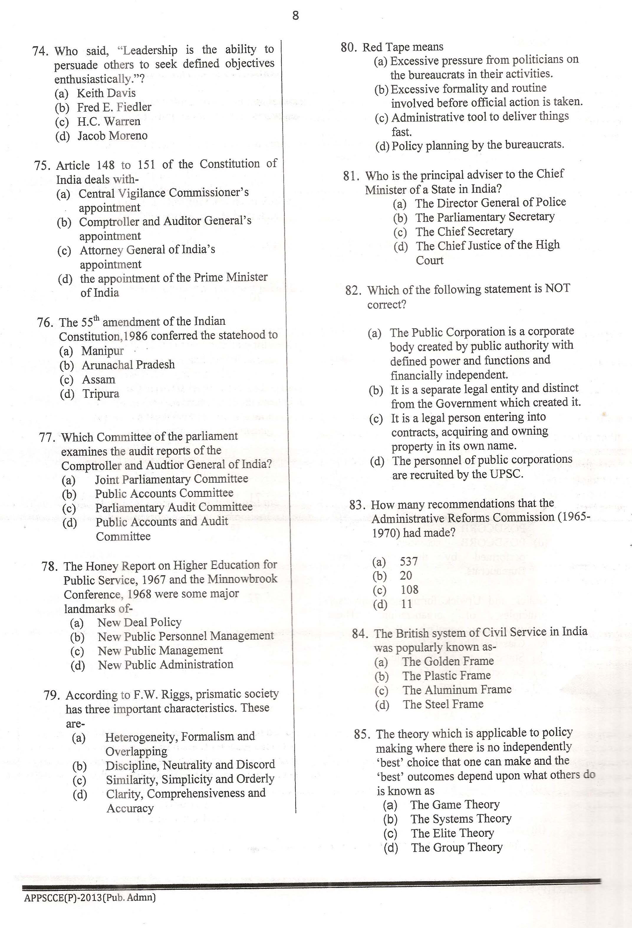 APPSC Combined Competitive Prelims Exam 2013 Public Administration 9