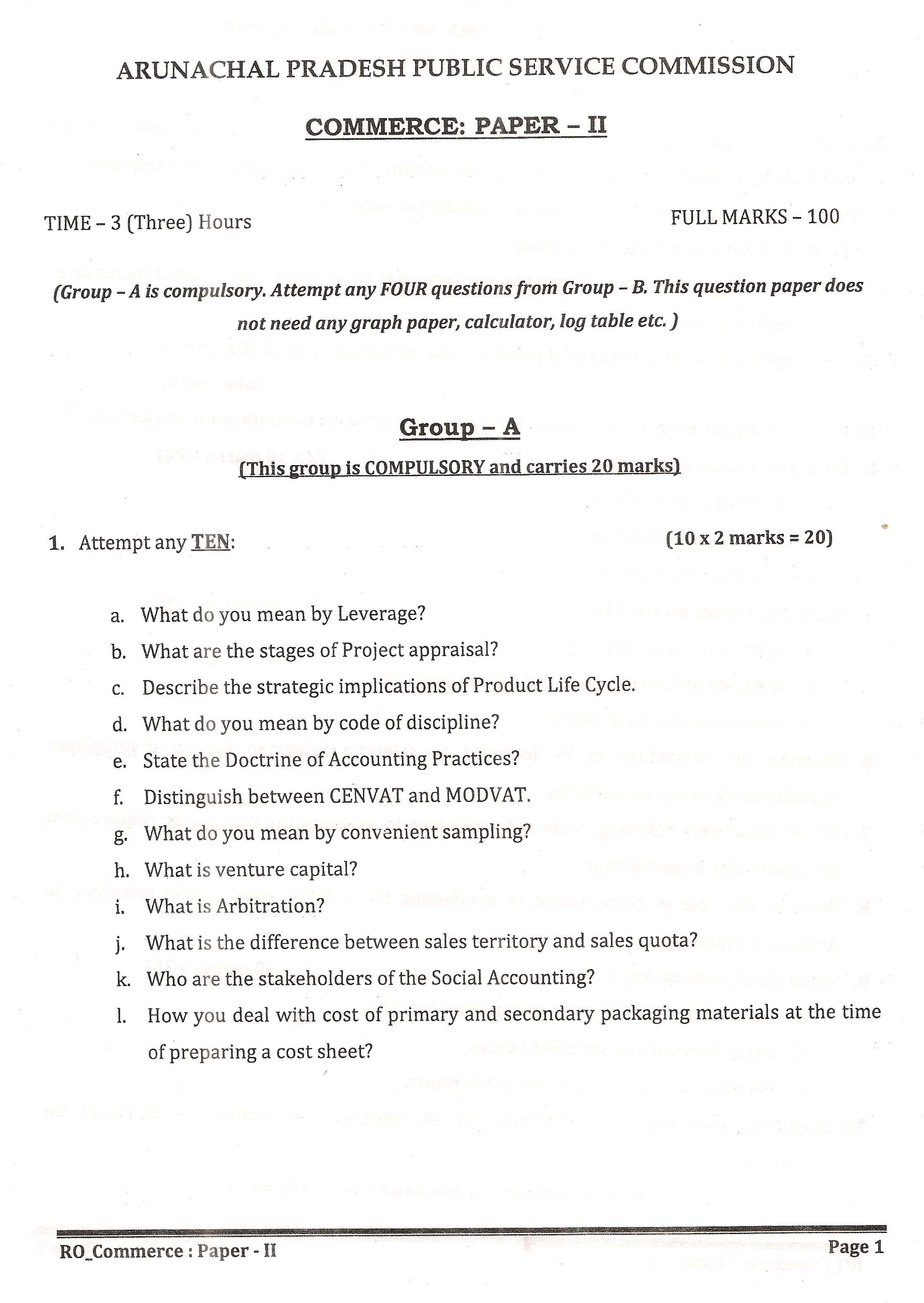 APPSC Research Officer Commerce Paper II Exam Question Paper 2014 1