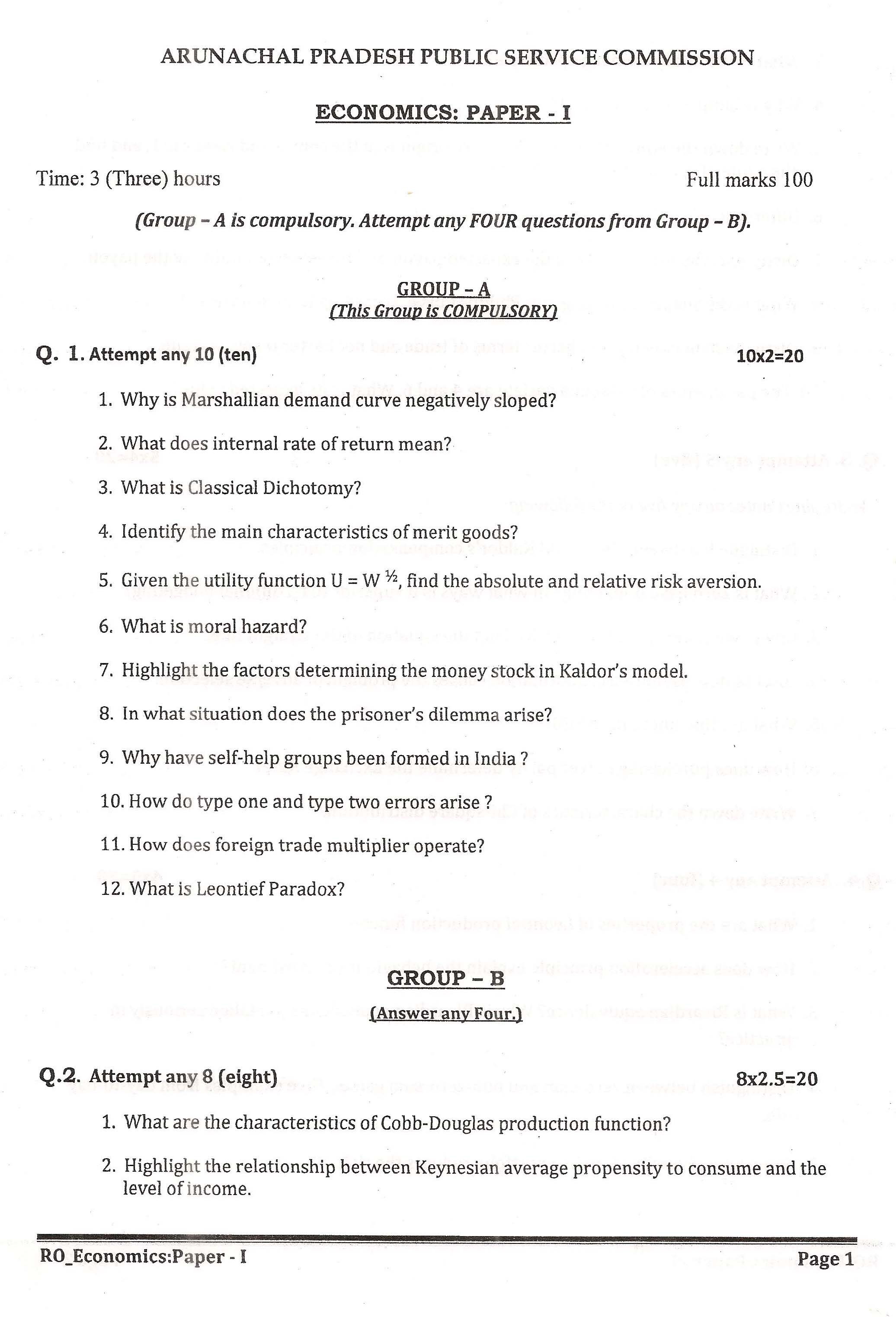 APPSC Research Officer Economics Paper I Exam Question Paper 2014 1