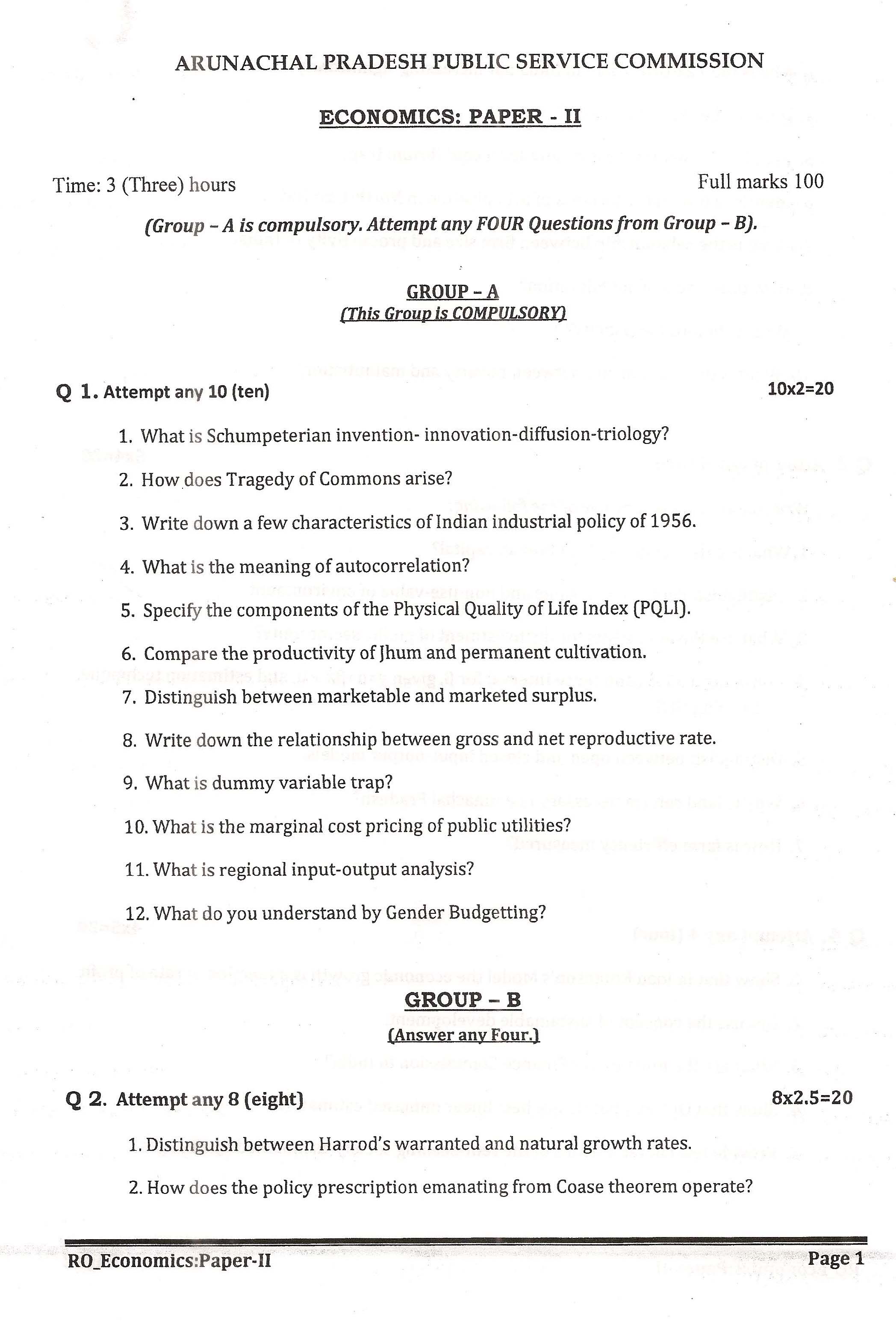 APPSC Research Officer Economics Paper II Exam Question Paper 2014 1