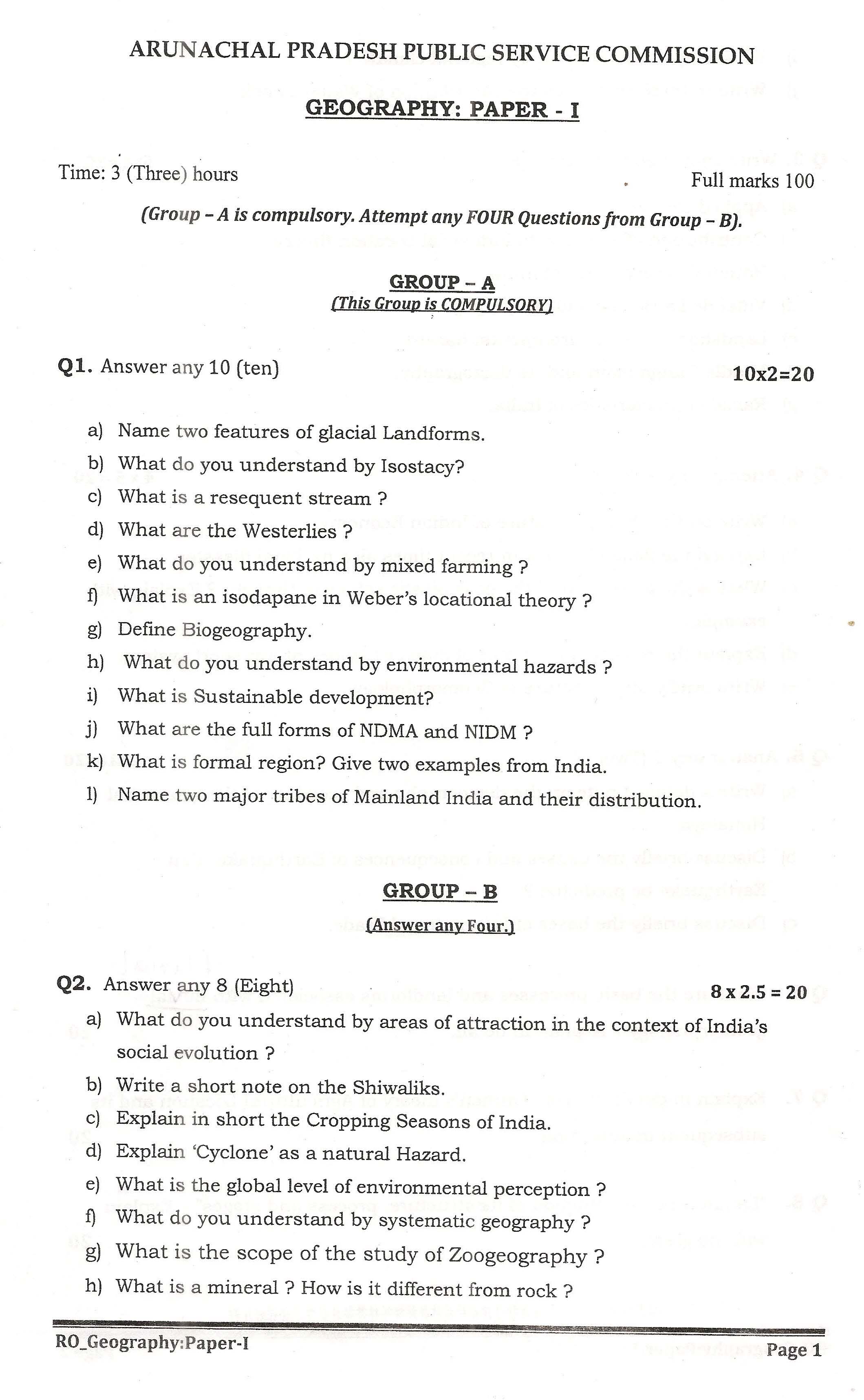 APPSC Research Officer Geography Paper I Exam Question Paper 2014 1