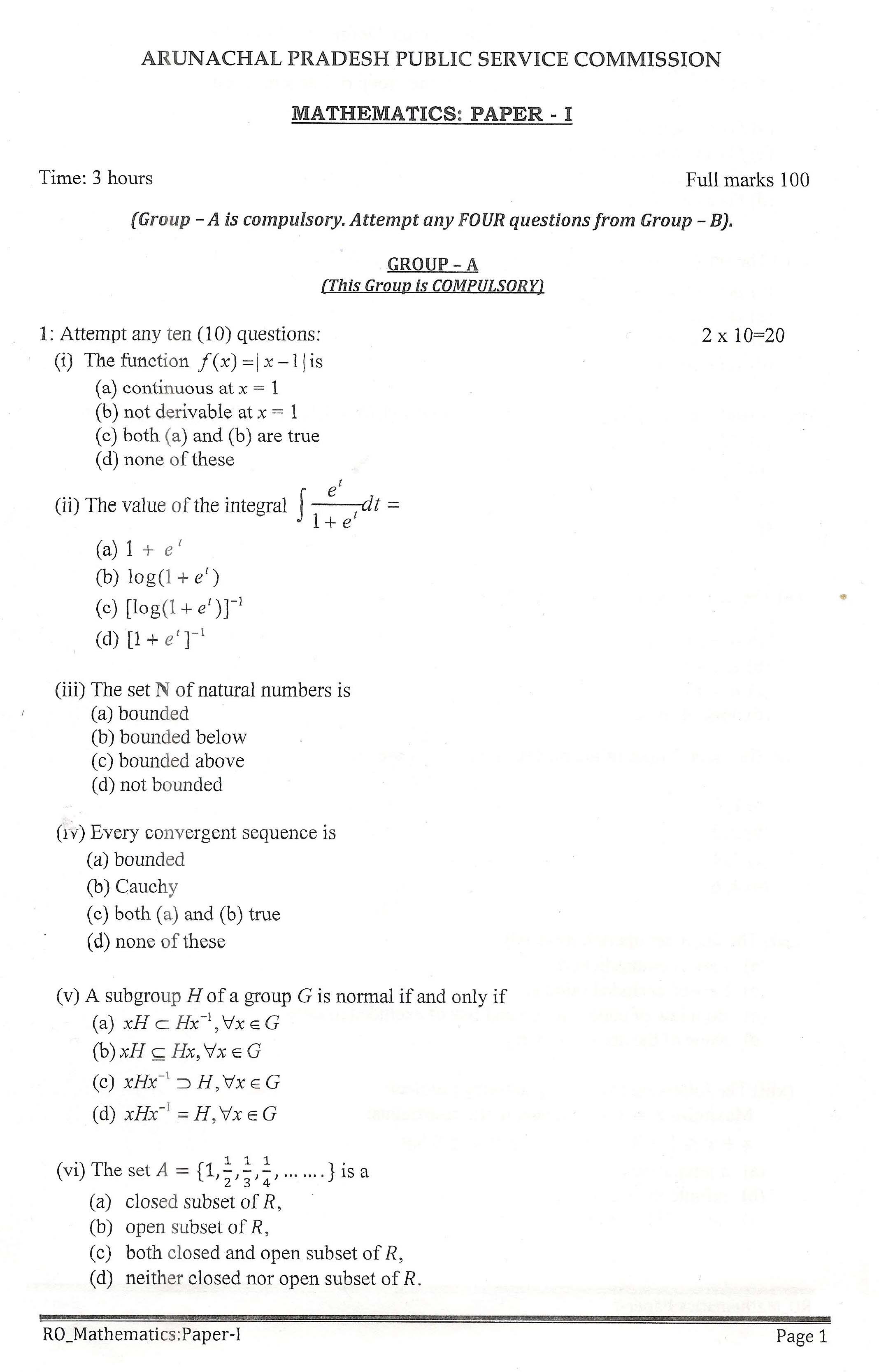 APPSC Research Officer Mathematics Paper I Exam Question Paper 2014 1