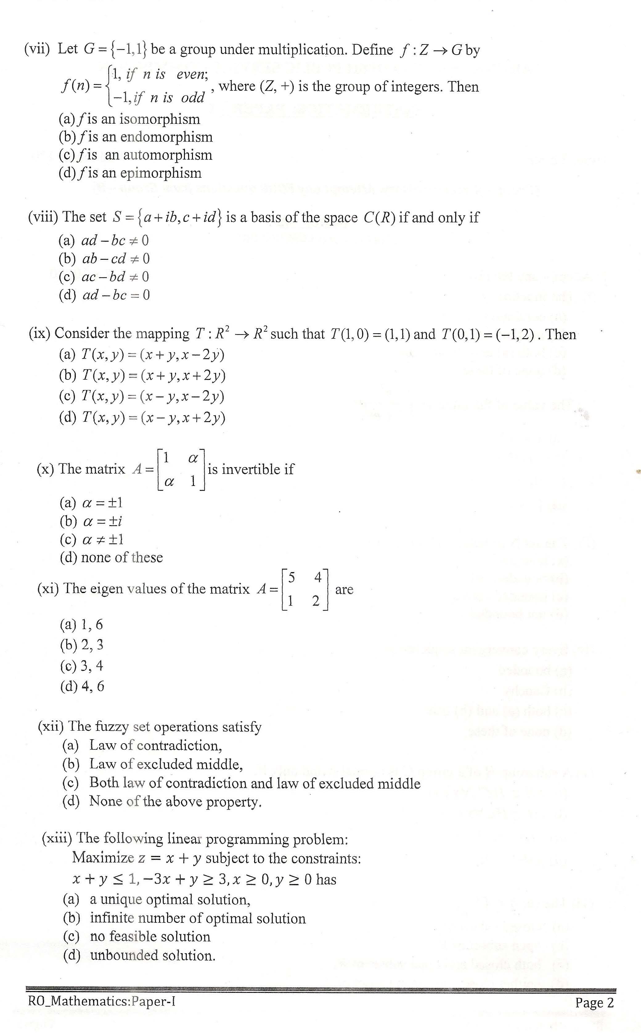 APPSC Research Officer Mathematics Paper I Exam Question Paper 2014 2