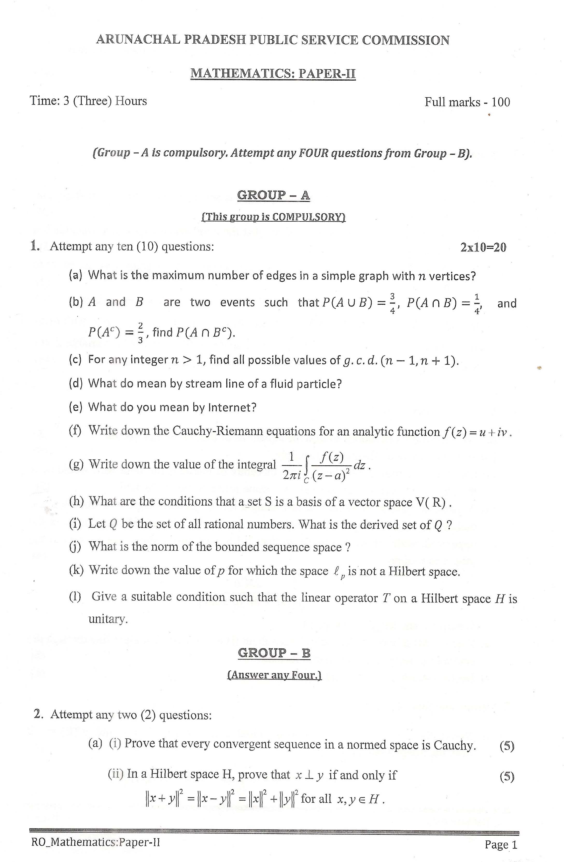 APPSC Research Officer Mathematics Paper II Exam Question Paper 2014 1