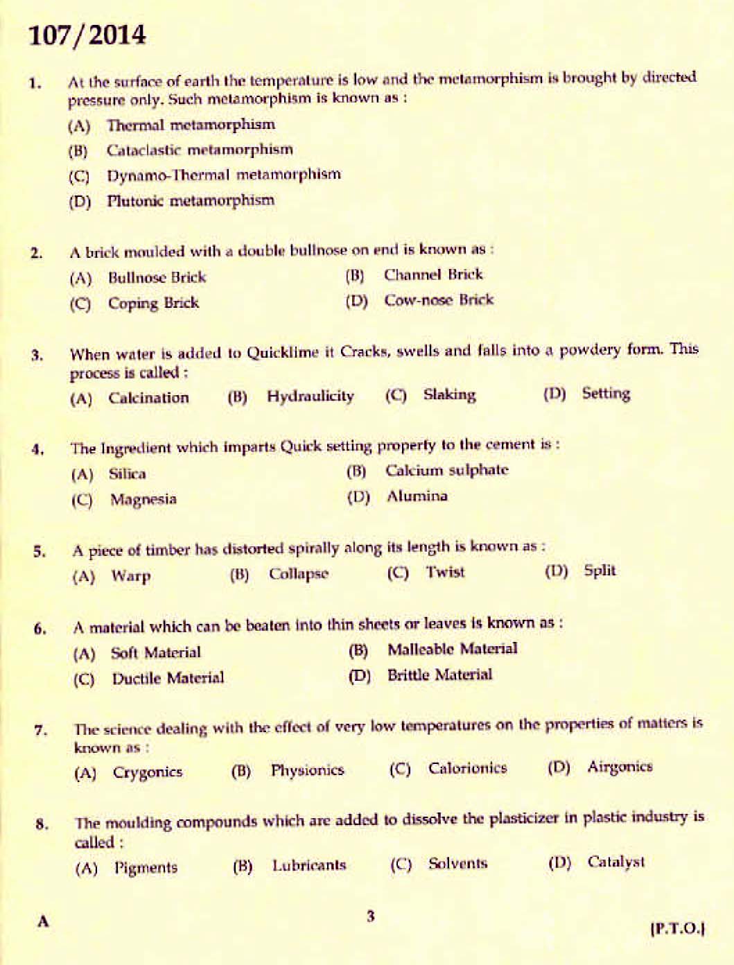 Kerala PSC Assistant Engineer Civil Exam 2014 Question Paper Code 1072014 1