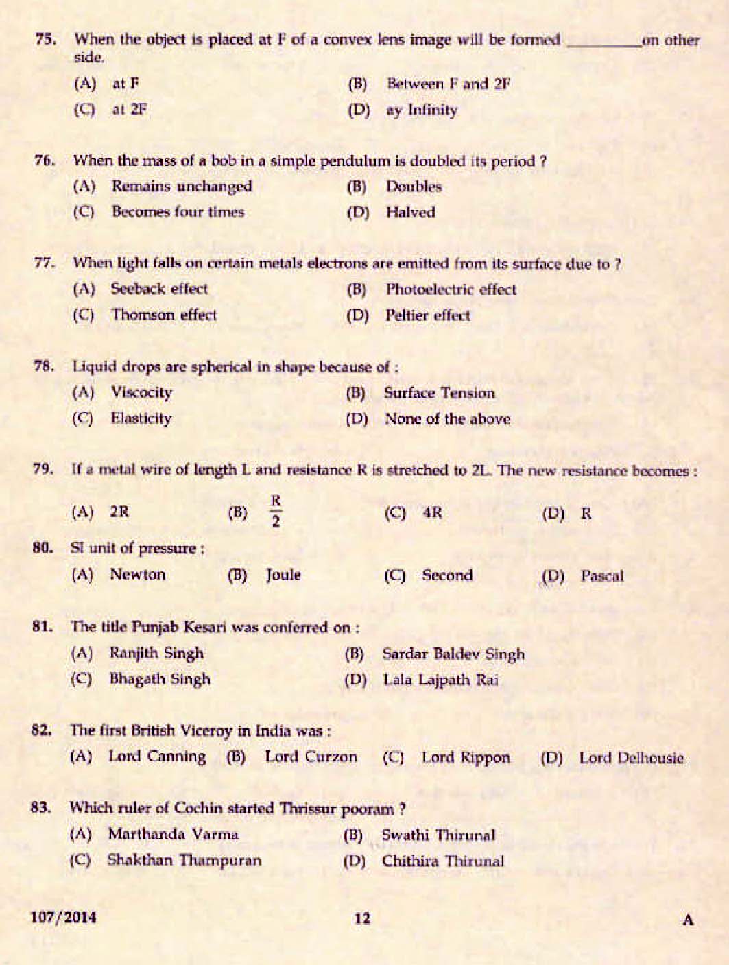 Kerala PSC Assistant Engineer Civil Exam 2014 Question Paper Code 1072014 10