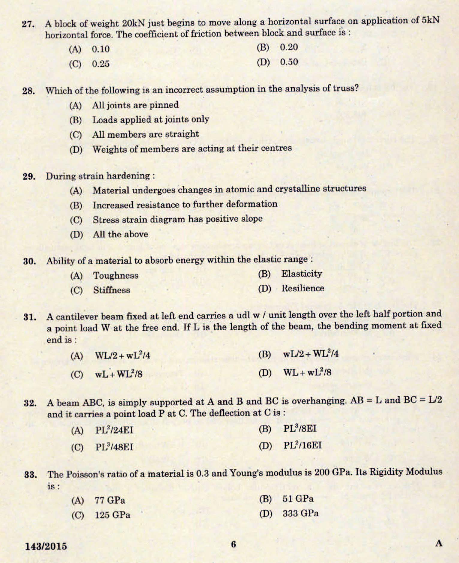 Kerala PSC Assistant Engineer Civil Exam 2015 Question Paper Code 1432015 4