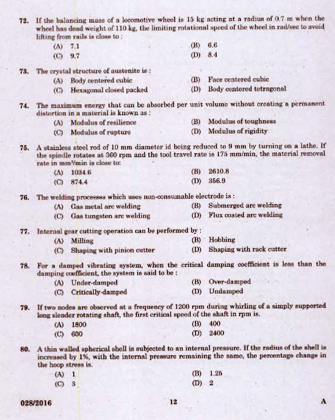 Kerala PSC Assistant Engineer Civil Exam 2016 Question Paper Code 0282016 10
