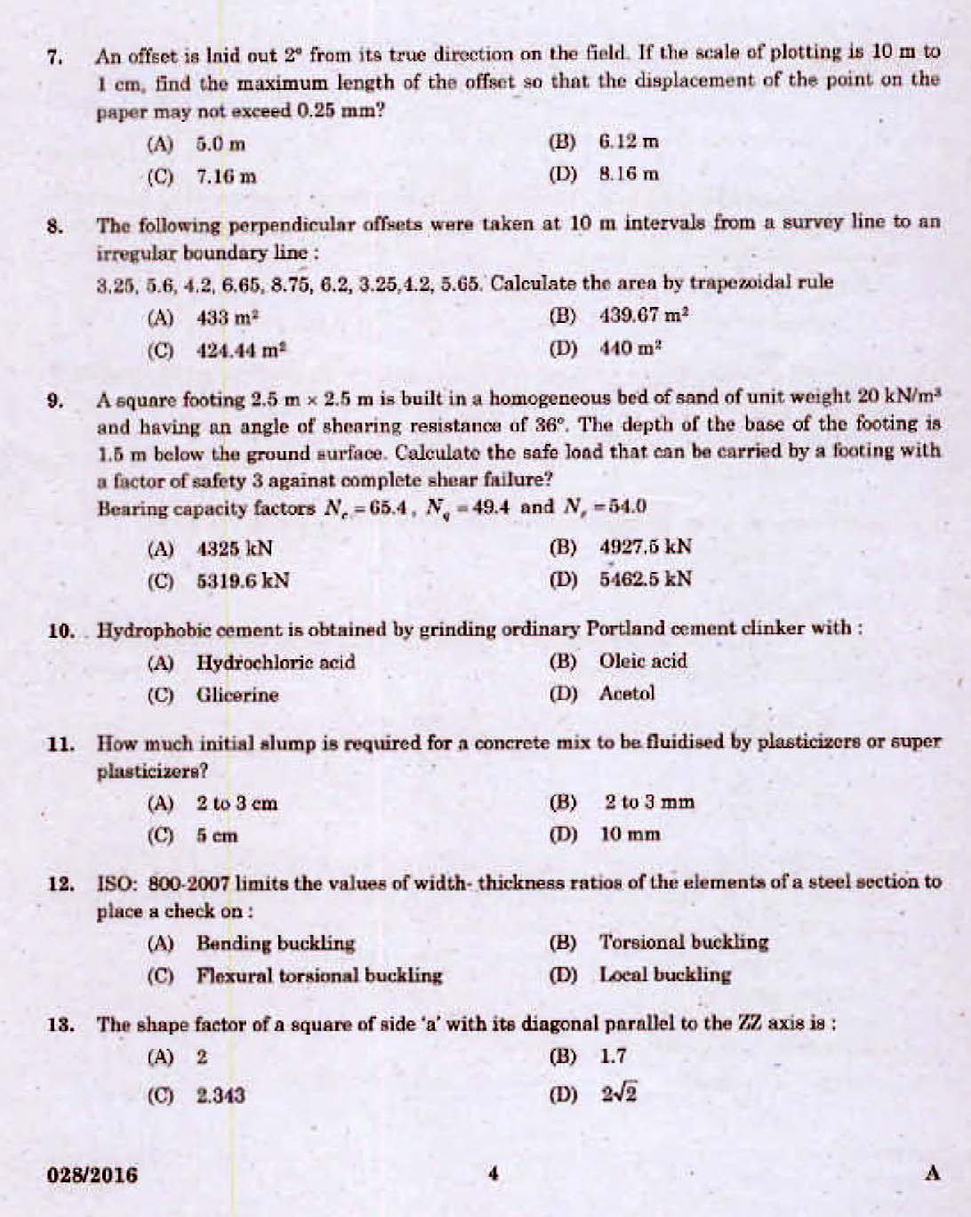 Kerala PSC Assistant Engineer Civil Exam 2016 Question Paper Code 0282016 2