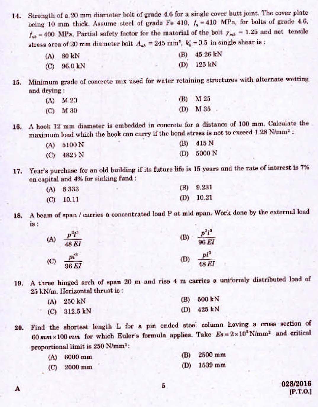Kerala PSC Assistant Engineer Civil Exam 2016 Question Paper Code 0282016 3