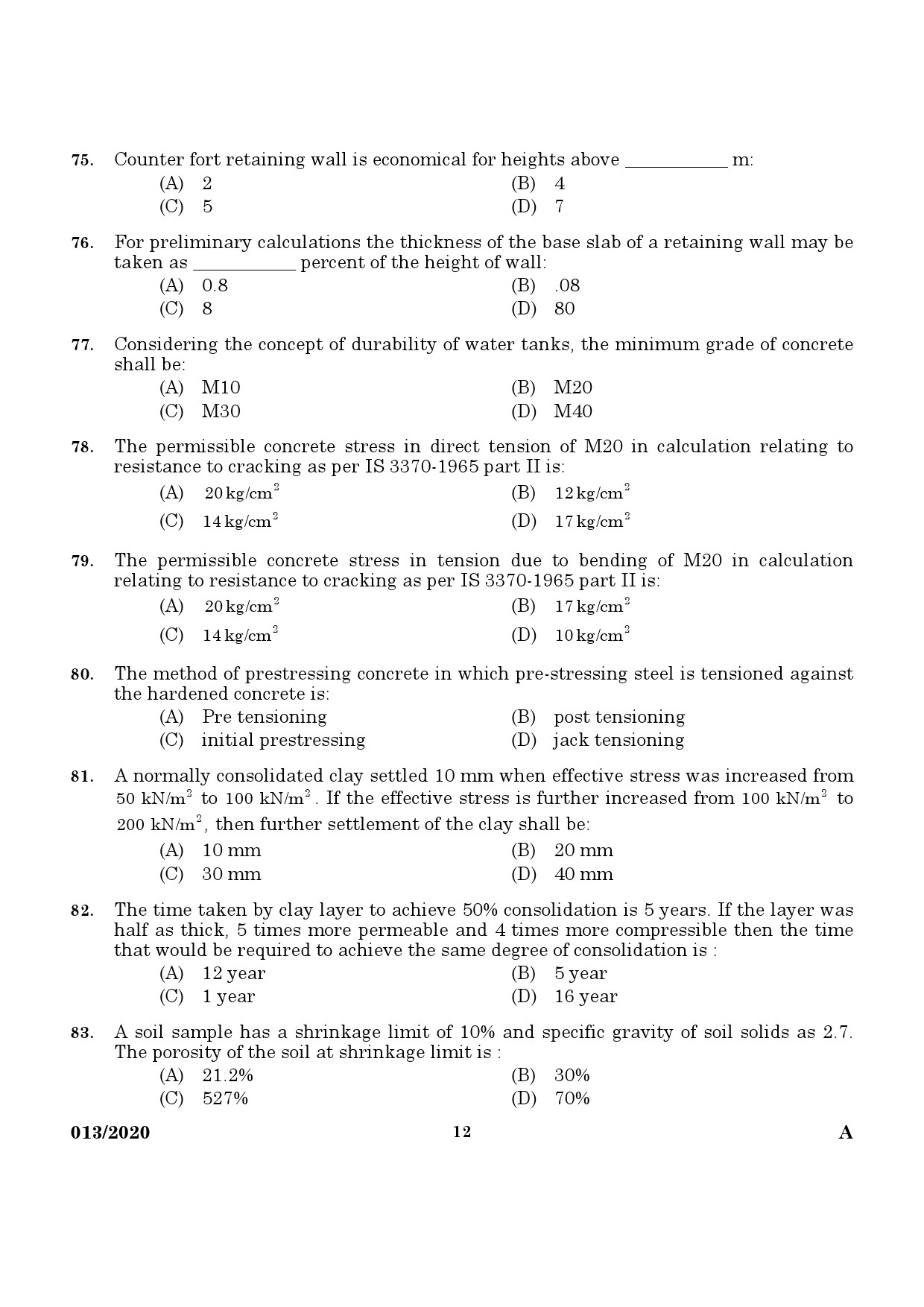 KPSC Assistant Engineer Civil in Irrigation Exam Question Paper 0132020 10