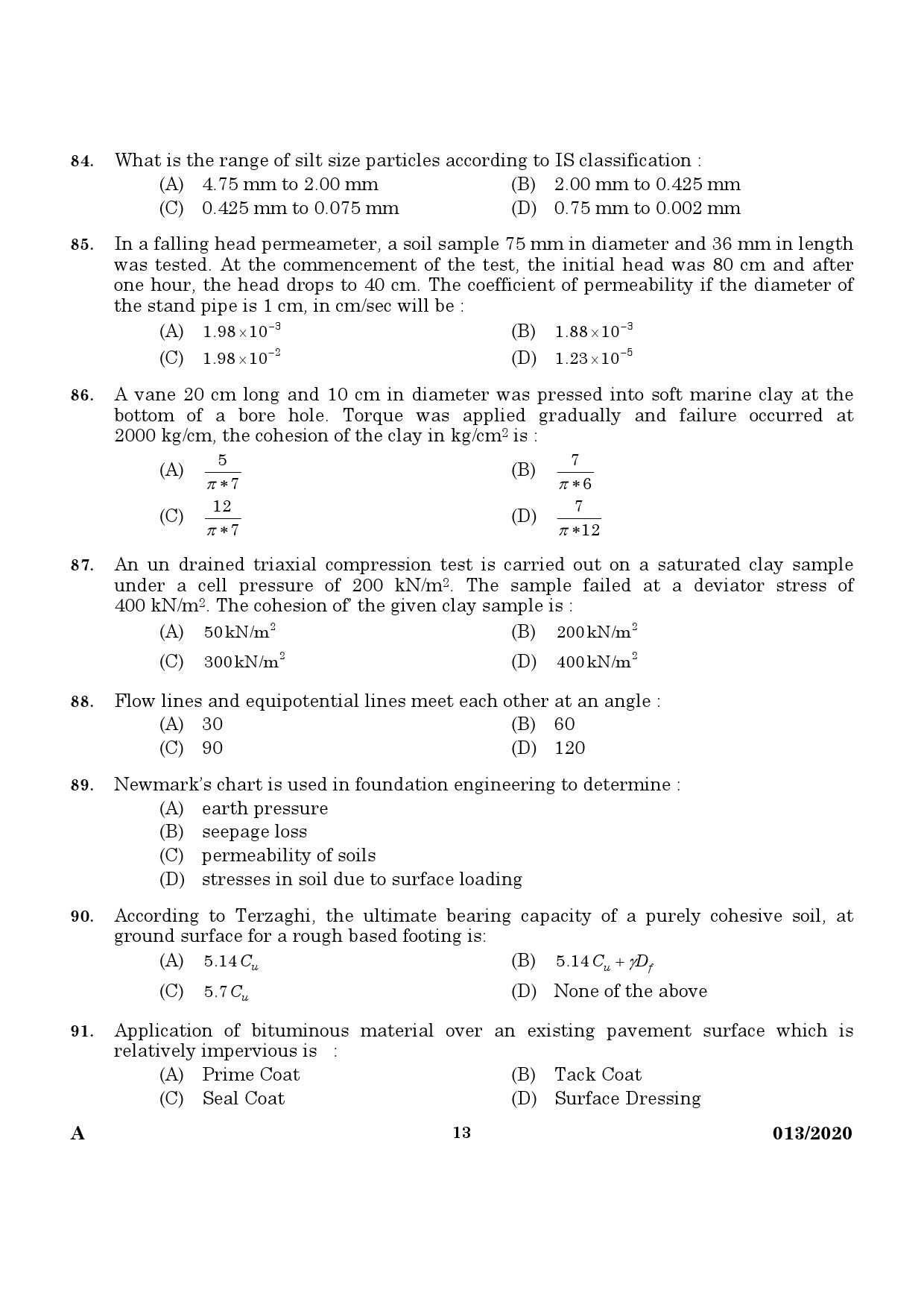 KPSC Assistant Engineer Civil in Irrigation Exam Question Paper 0132020 11