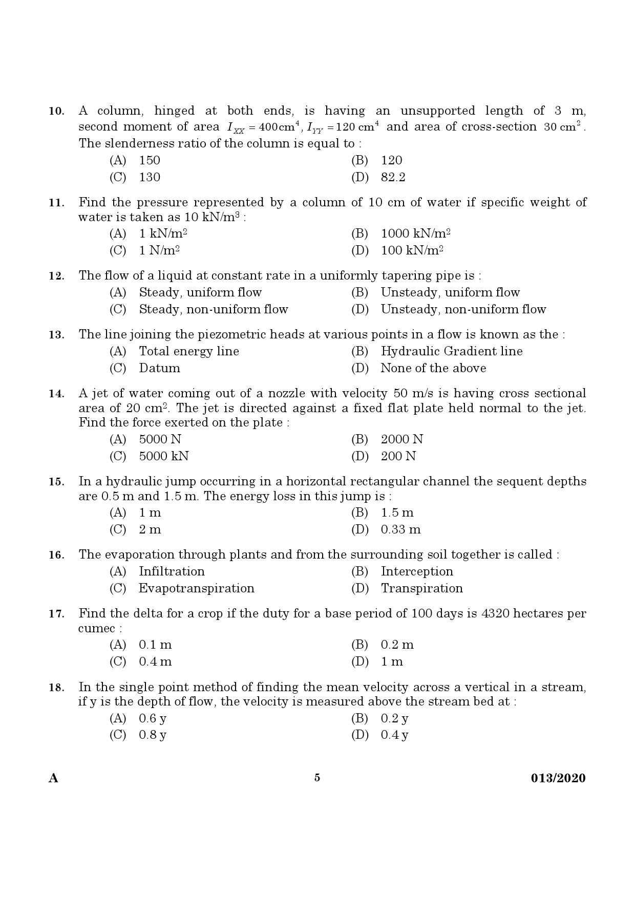KPSC Assistant Engineer Civil in Irrigation Exam Question Paper 0132020 3