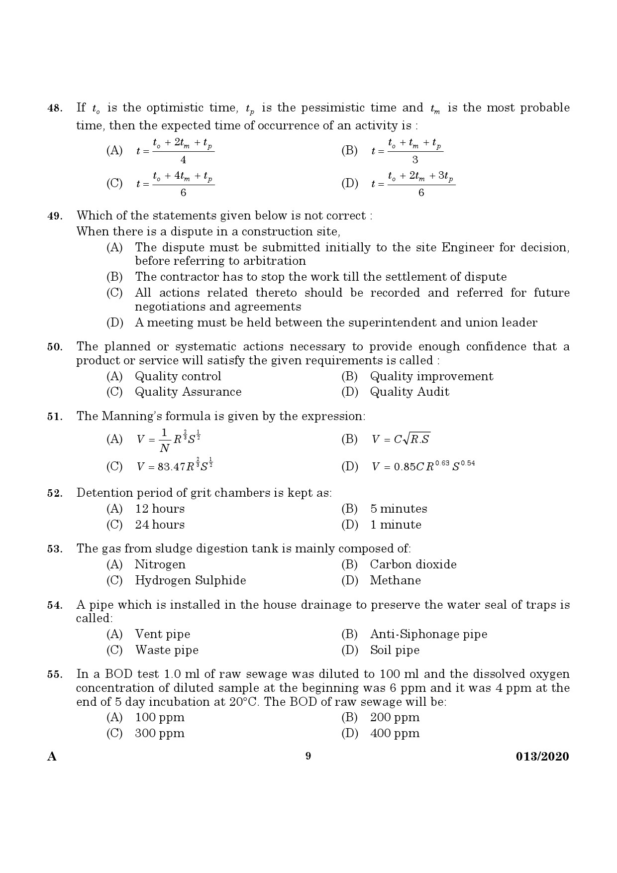 KPSC Assistant Engineer Civil in Irrigation Exam Question Paper 0132020 7