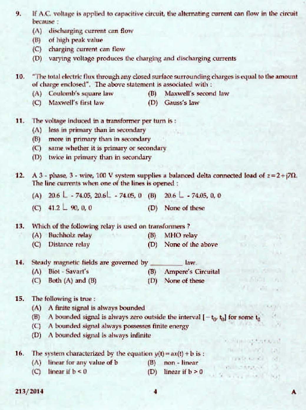 Kerala PSC Assistant Engineer Electrical Exam 2014 Question Paper Code 2132014 2