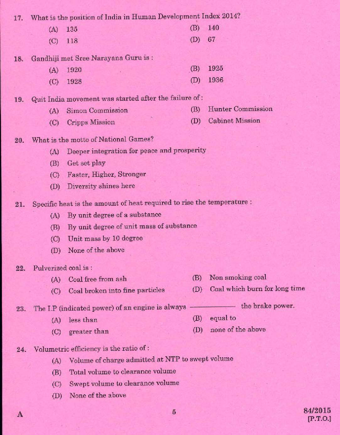 KPSC Assistant Motor Vehicles Inspector Exam 2015 Code 842015 3