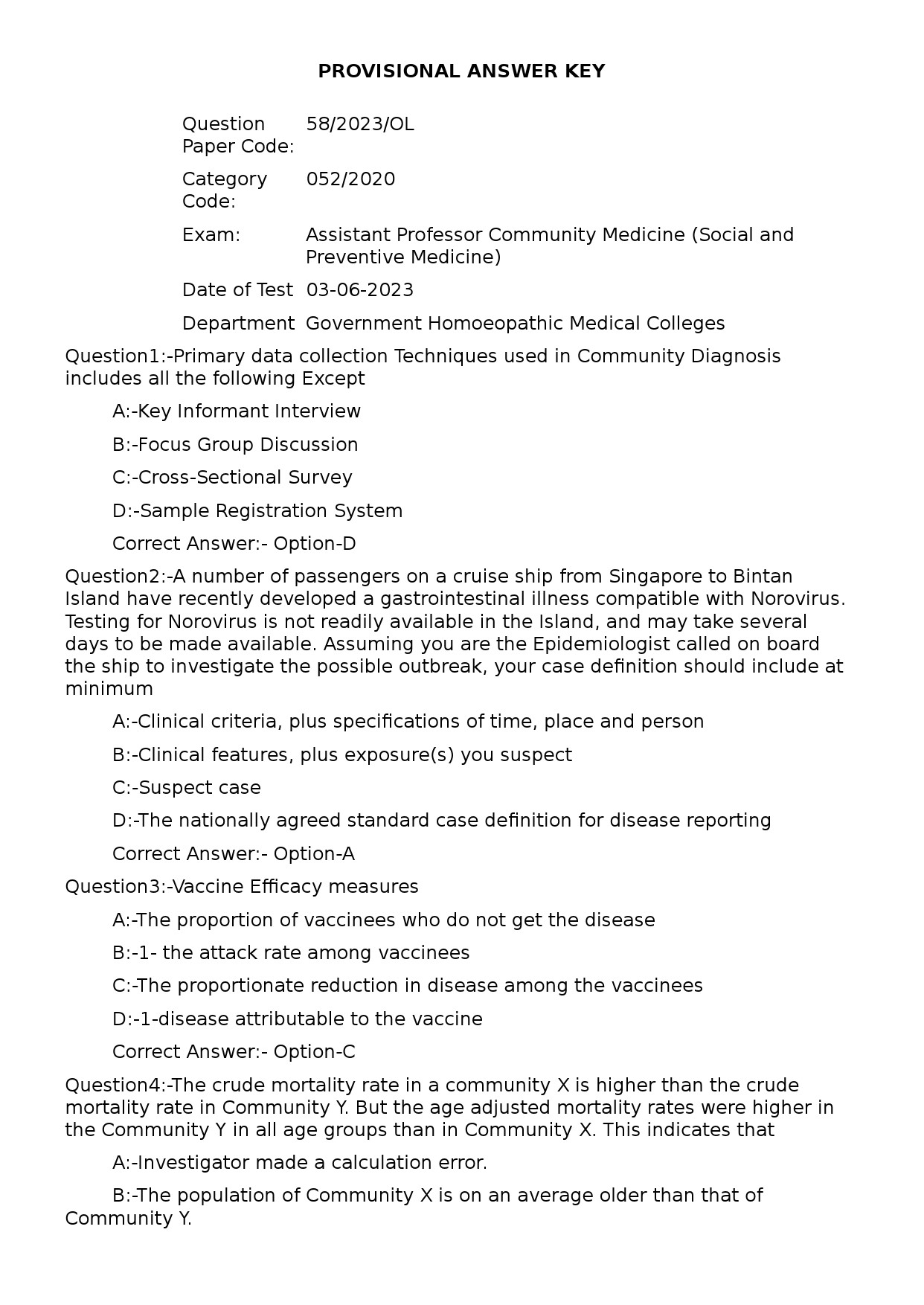 KPSC Assistant Professor Community Medicine Exam 2023 Code 582023OL 1