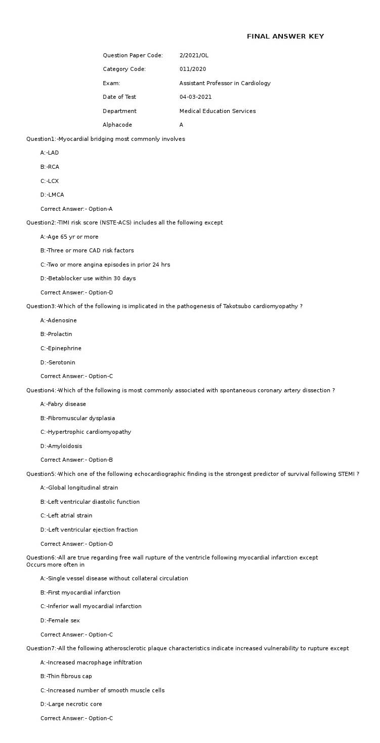 KPSC Assistant Professor in Cardiology Exam 2021 Code 22021OL 1