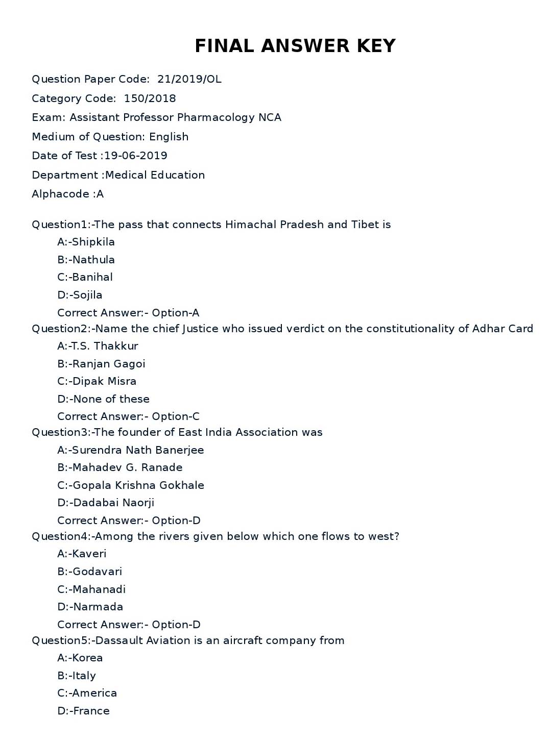 KPSC Assistant Professor Pharmacology Medicine Exam 2019 Code 212019OL 1