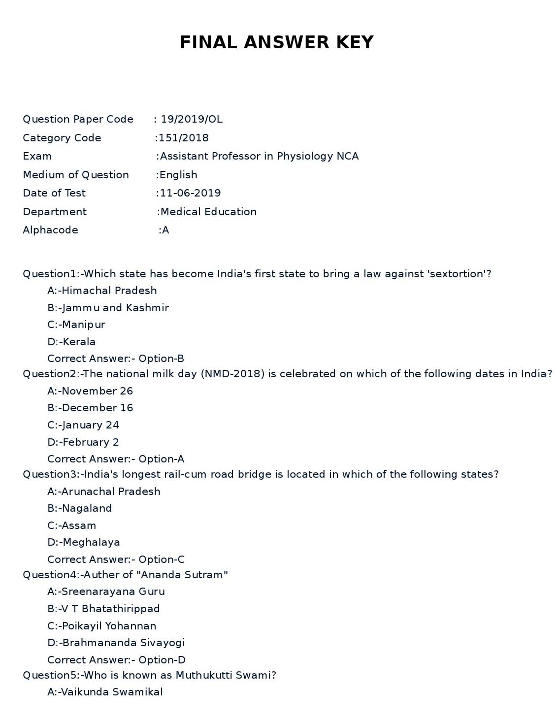 KPSC Assistant Professor in Physiology Exam 2019 Code 192019OL 1