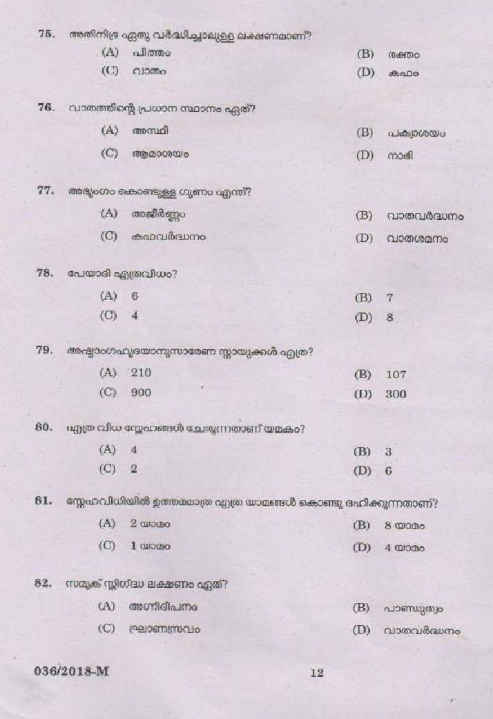 KPSC Ayurveda Therapist Exam Question 0362018 M 11