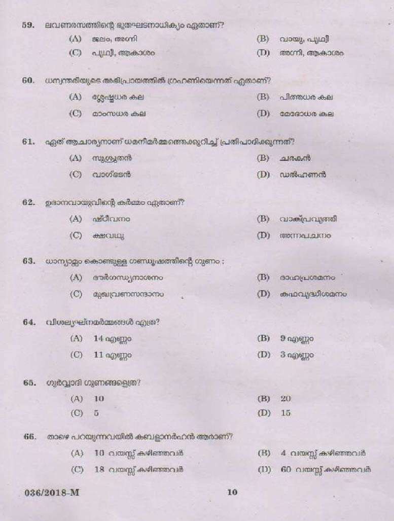 KPSC Ayurveda Therapist Exam Question 0362018 M 9