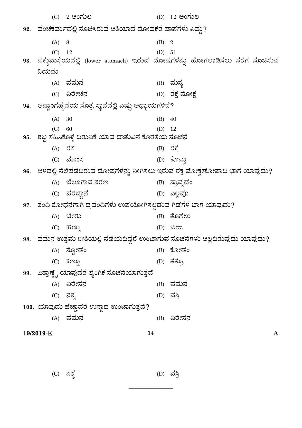 KPSC Ayurveda Therapist Kannada Exam 2019 Code 0192019 12