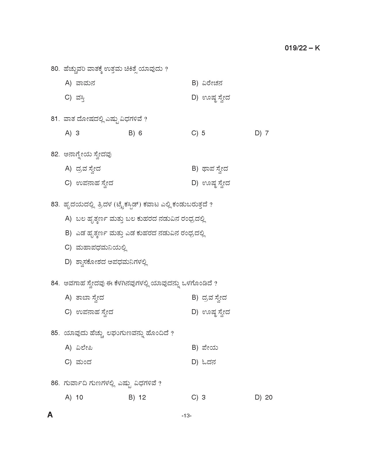 KPSC Ayurveda Therapist Kannada Exam 2022 Code 0192022 K 12