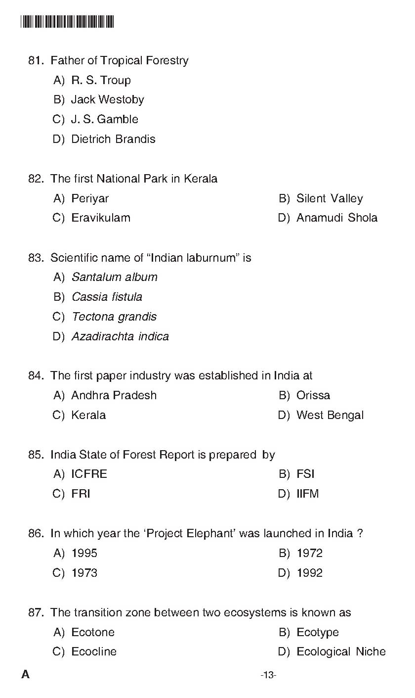 Kerala PSC Beat Forest Officer Exam Question Code 0462018 12