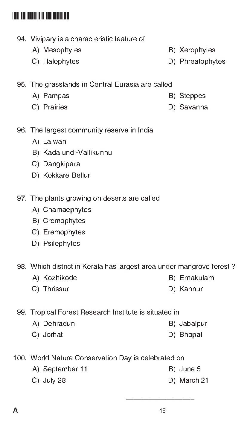 Kerala PSC Beat Forest Officer Exam Question Code 0462018 14