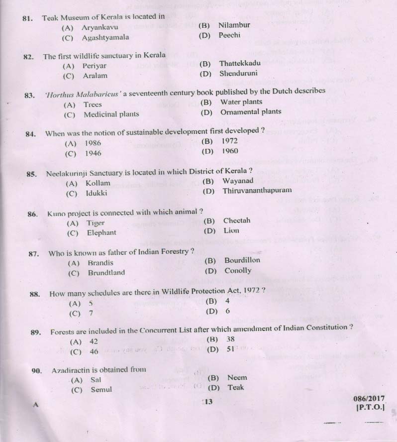 Kerala PSC Beat Forest Officer Exam Question Code 0862017 12