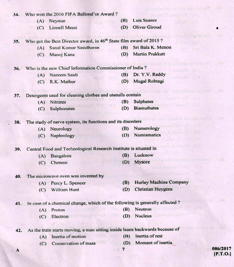 Kerala PSC Beat Forest Officer Exam Question Code 0862017 6