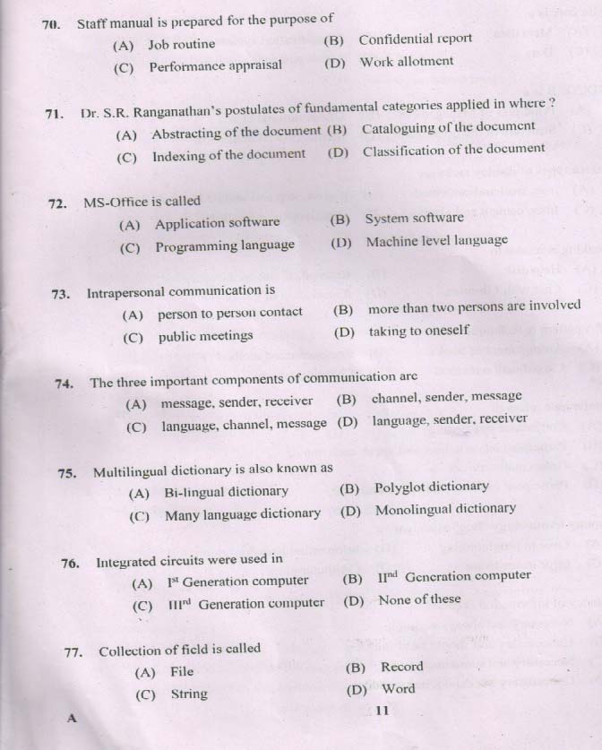 Kerala PSC Catalogue Assistant Exam Question Code 0912017 10