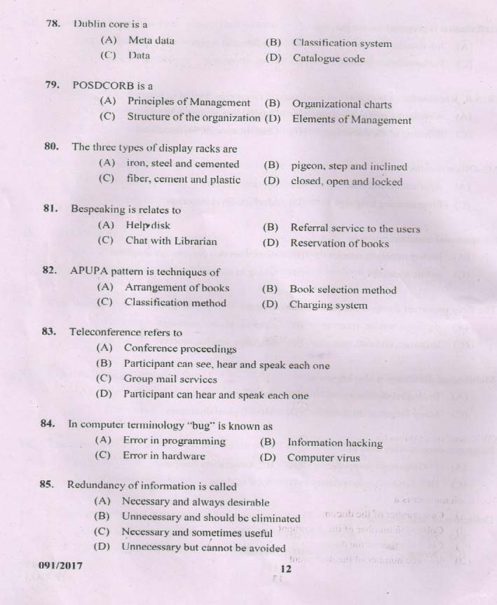 Kerala PSC Catalogue Assistant Exam Question Code 0912017 11