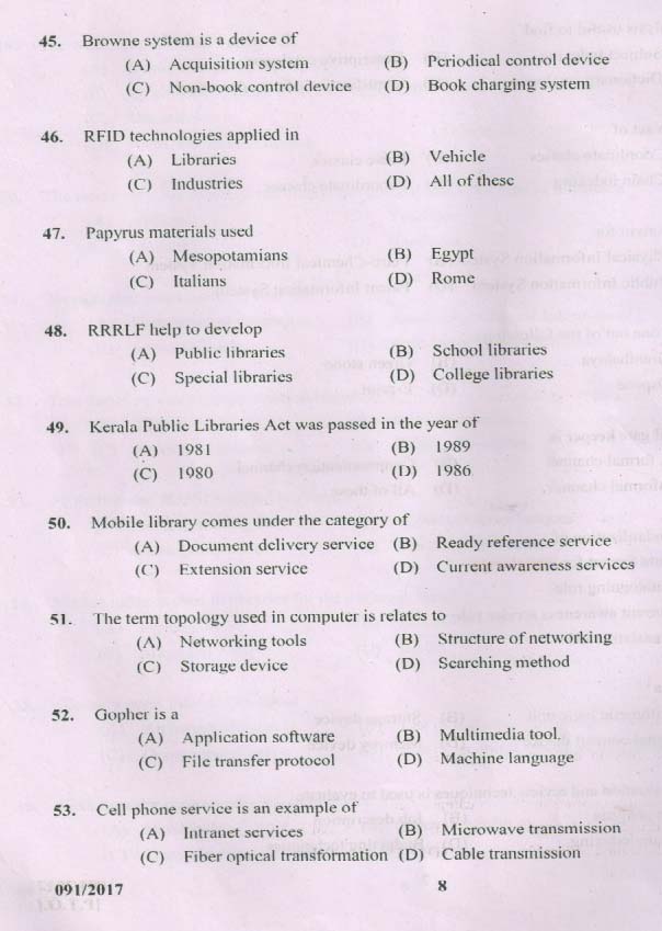 Kerala PSC Catalogue Assistant Exam Question Code 0912017 7